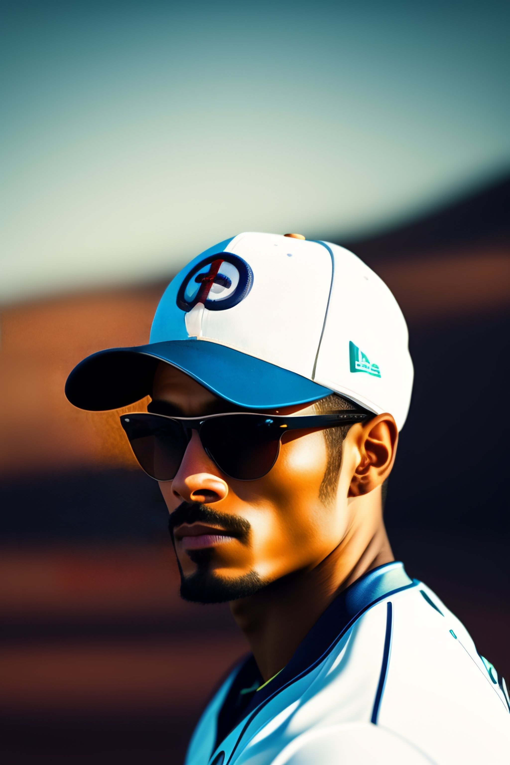 Lexica Picture of a man wearing baseball hat and glasses