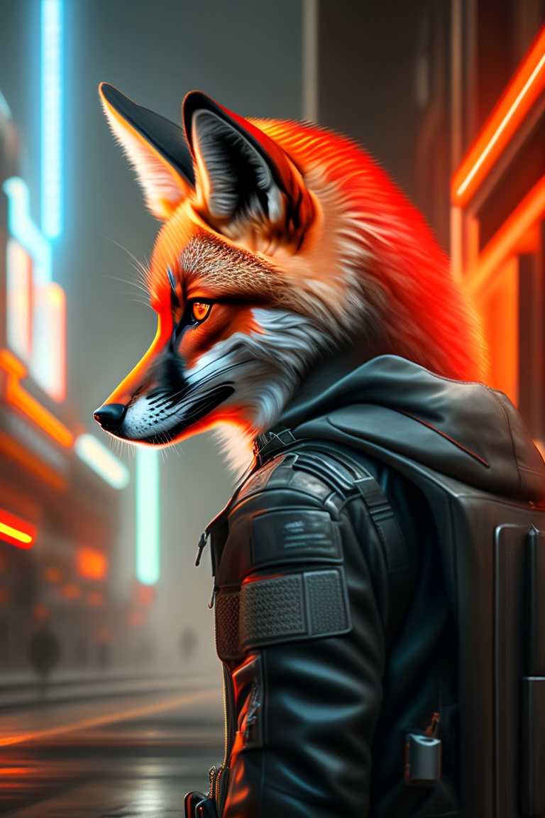 Lexica - Female red fox humanoid, red lights, metropolis, cyber punk ...