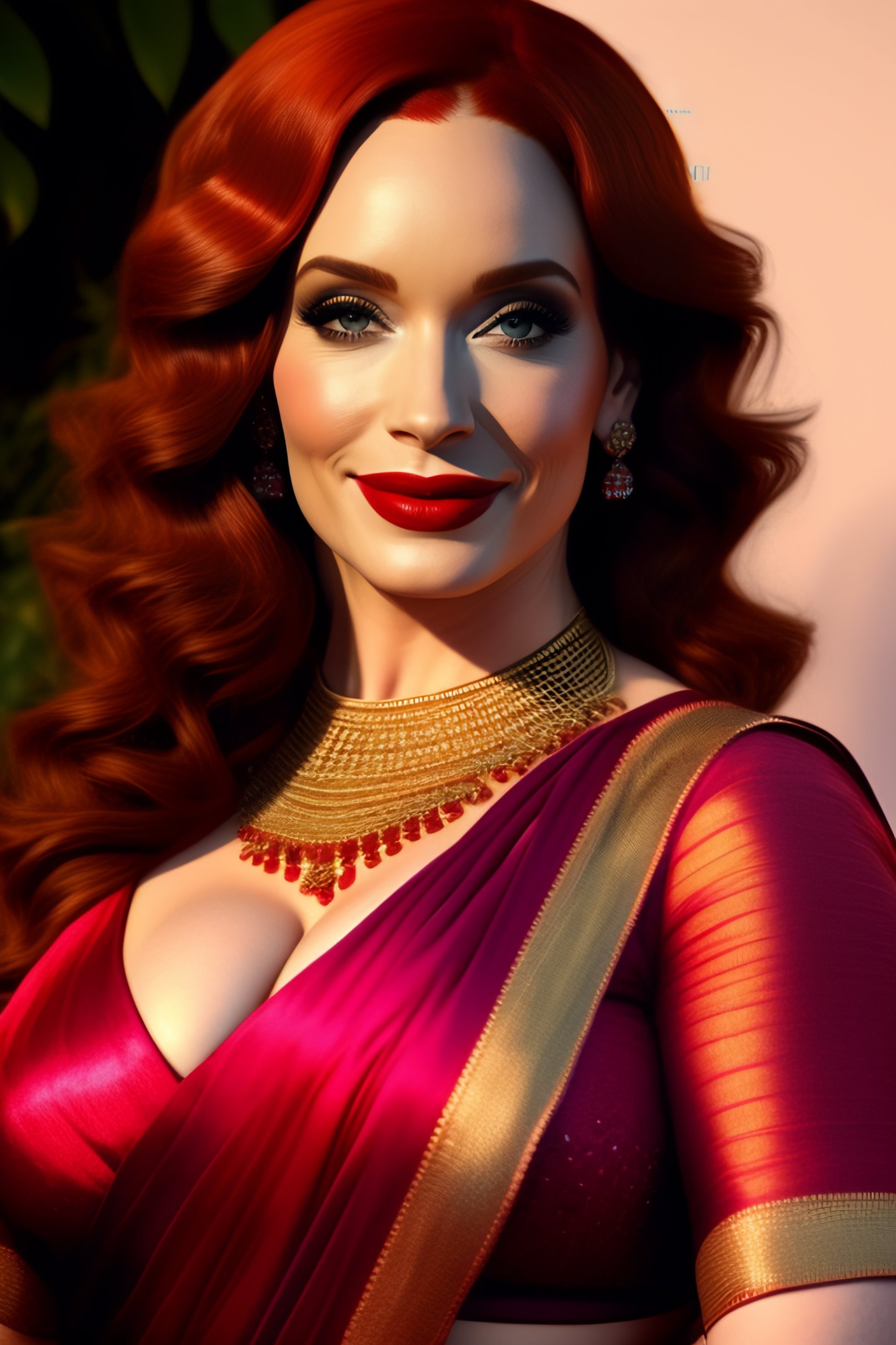 Lexica - Young north indian girl in a saree, christina hendricks, massive  downblouse, fit body, wearing saree, wearing kebama, vogue photoshoot,  maxi