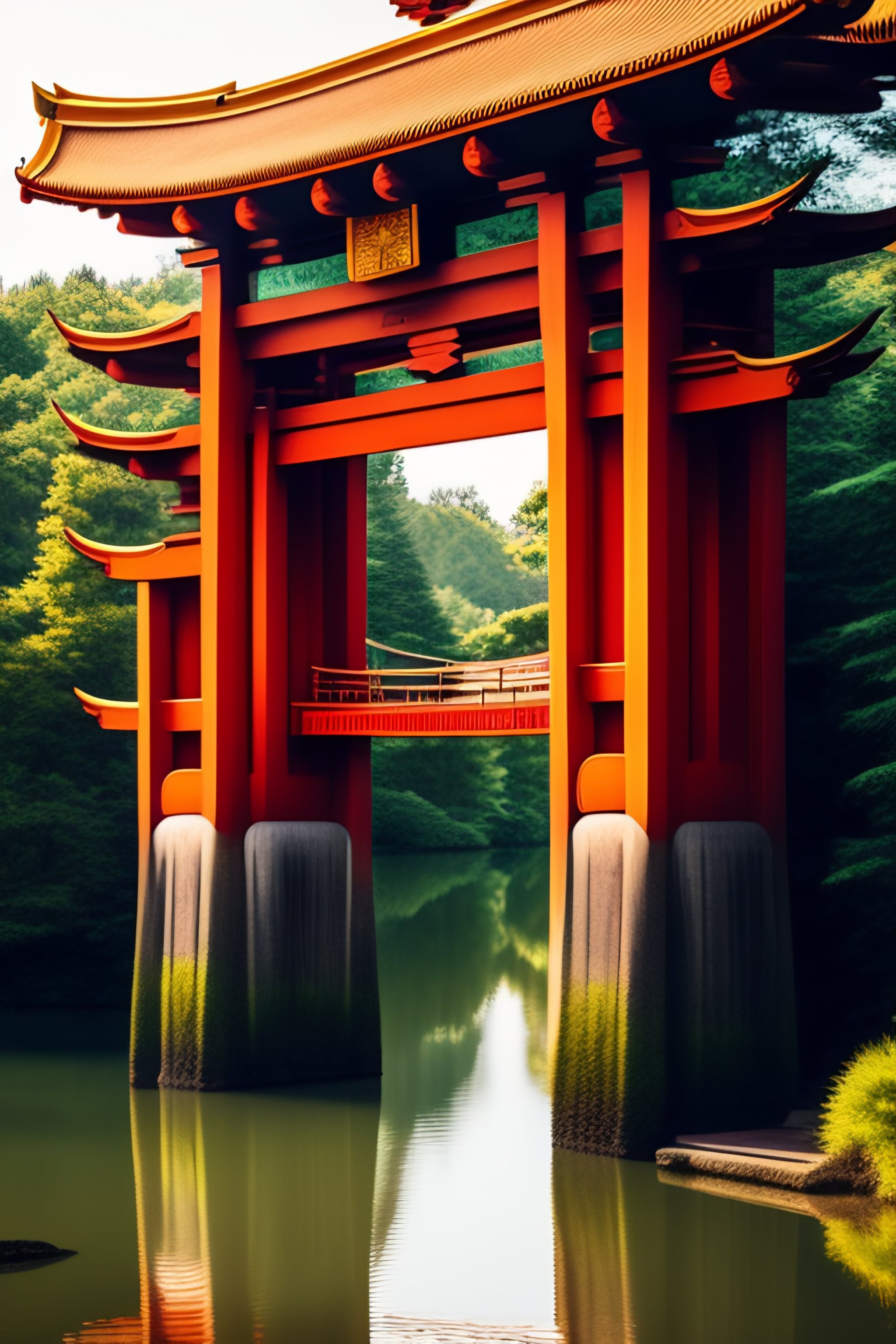 Lexica - Red robot at Torii gate in middle of a lake