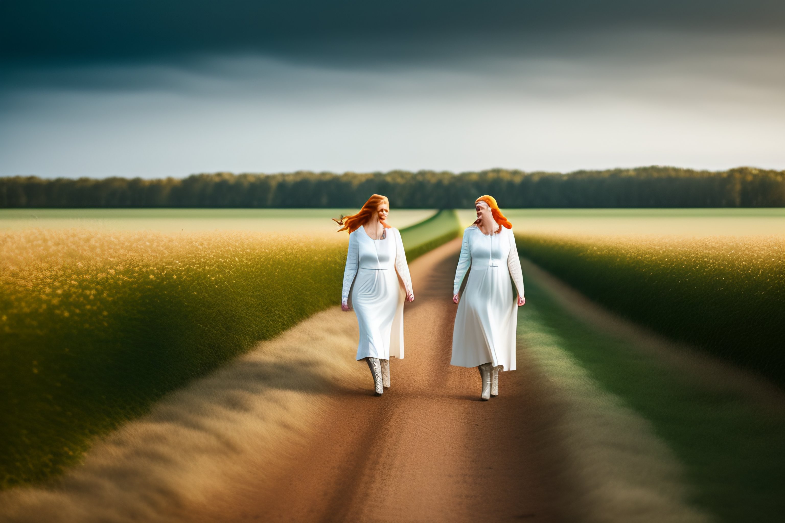 Lexica - two plus size redhead women covered in white body paint standing  in an archway