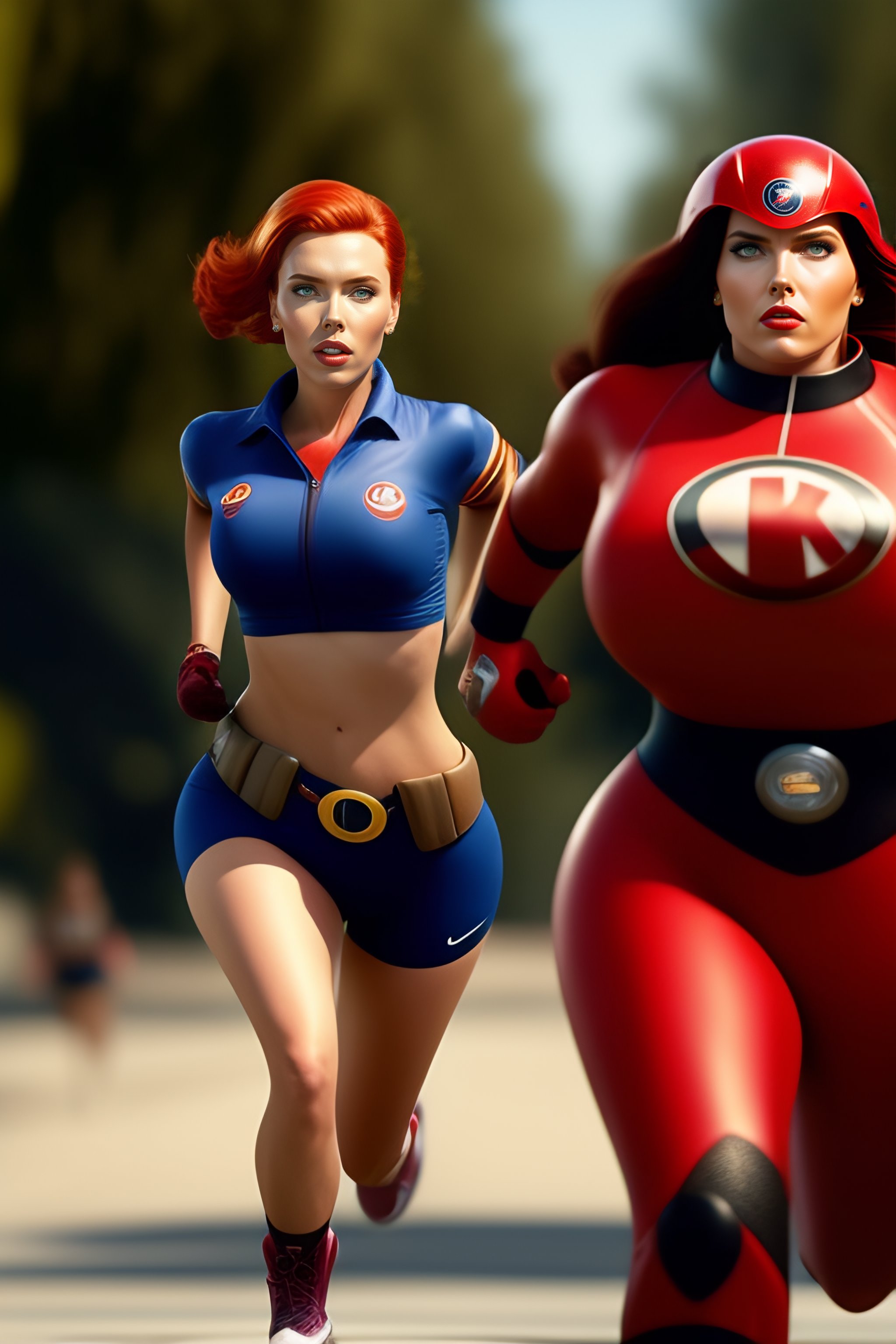 Lexica - Scarlet Johansson modeling as Pixar Helen Parr with Kat denning  running, action photograph