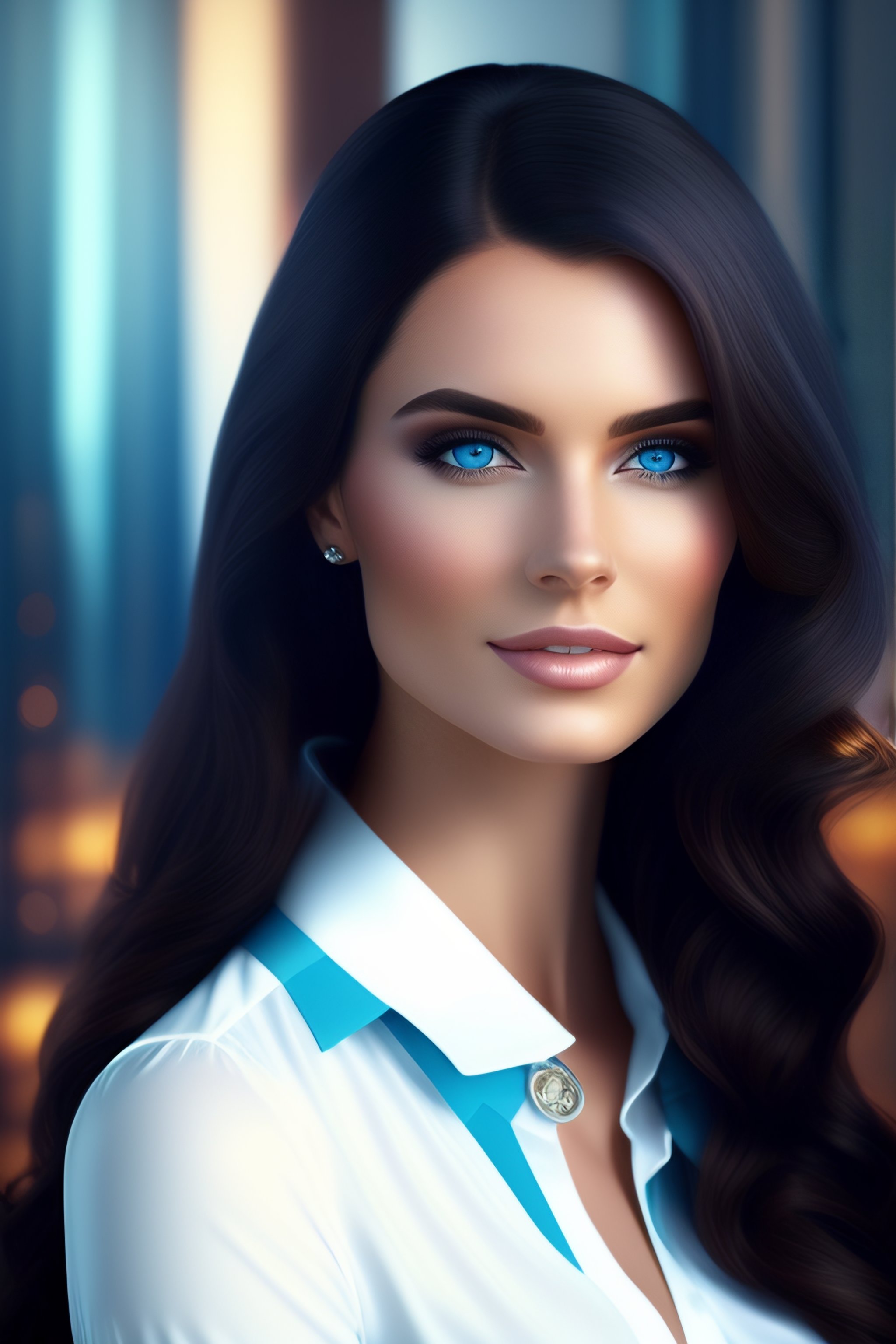 Lexica Pretty Girl Dark Long Hair Blue Eyes Blouse Office Realistic Style 9689