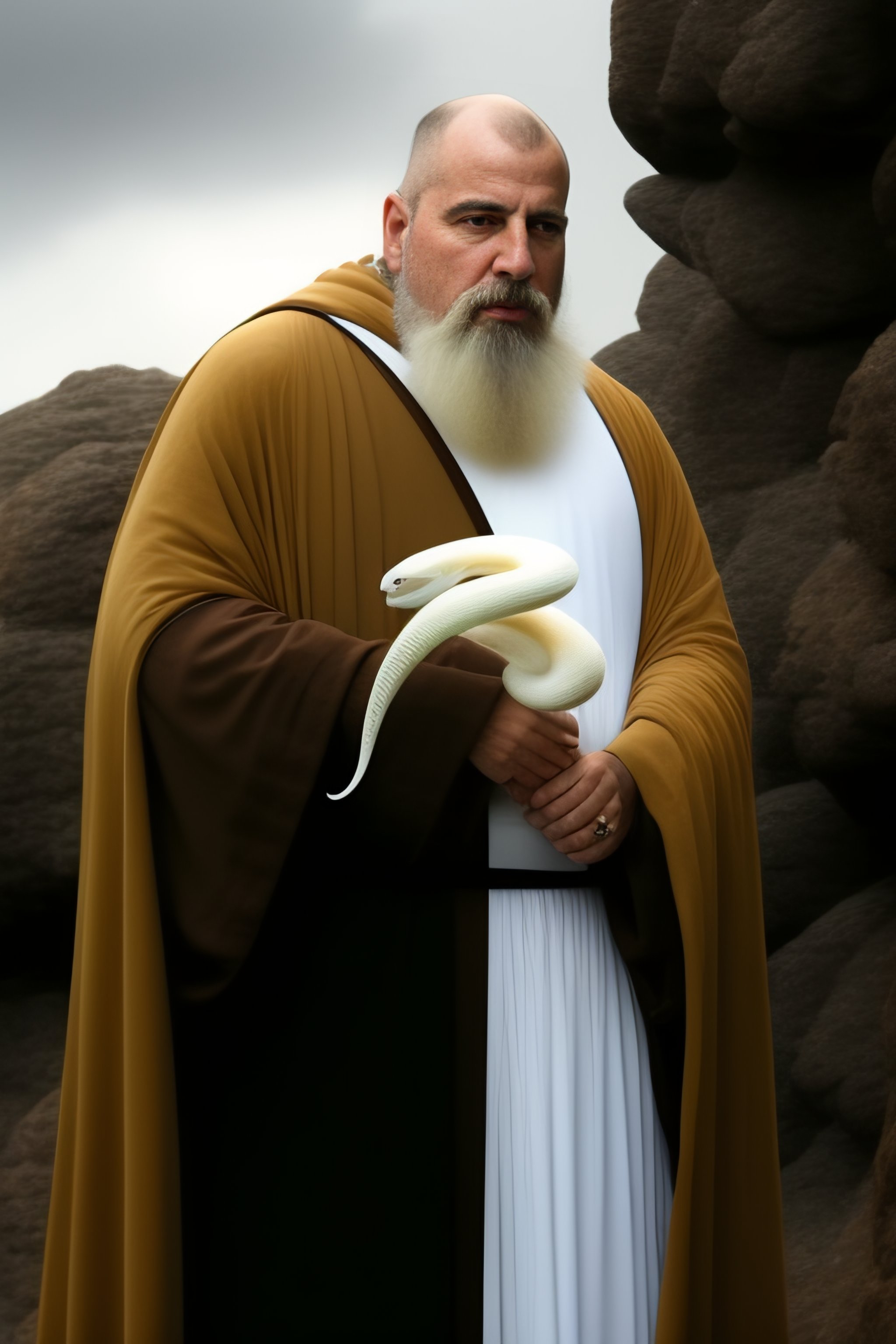 Lexica - One Greek monk in dark robe hold a staff that has a white ...