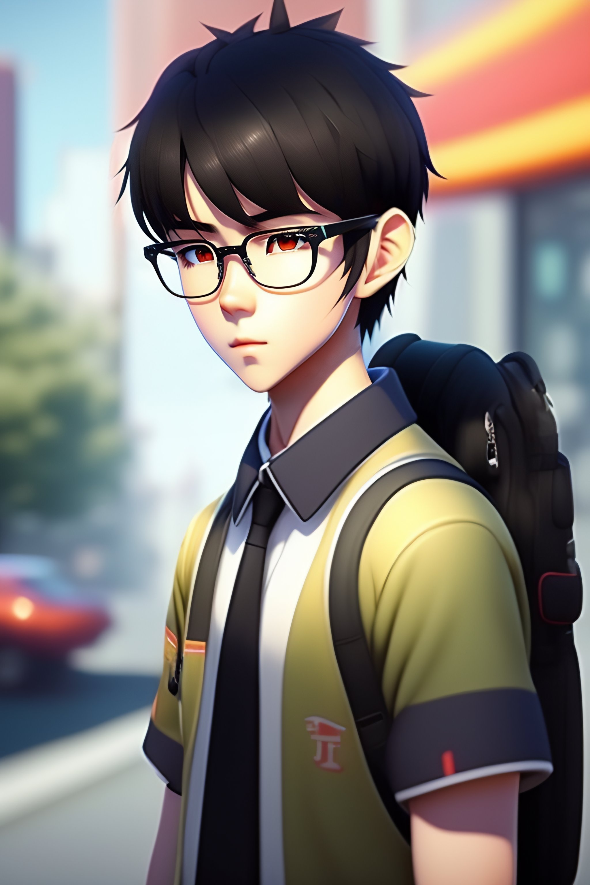 Lexica - Anime school boy, neutral face, black hair tie, black eyes ...