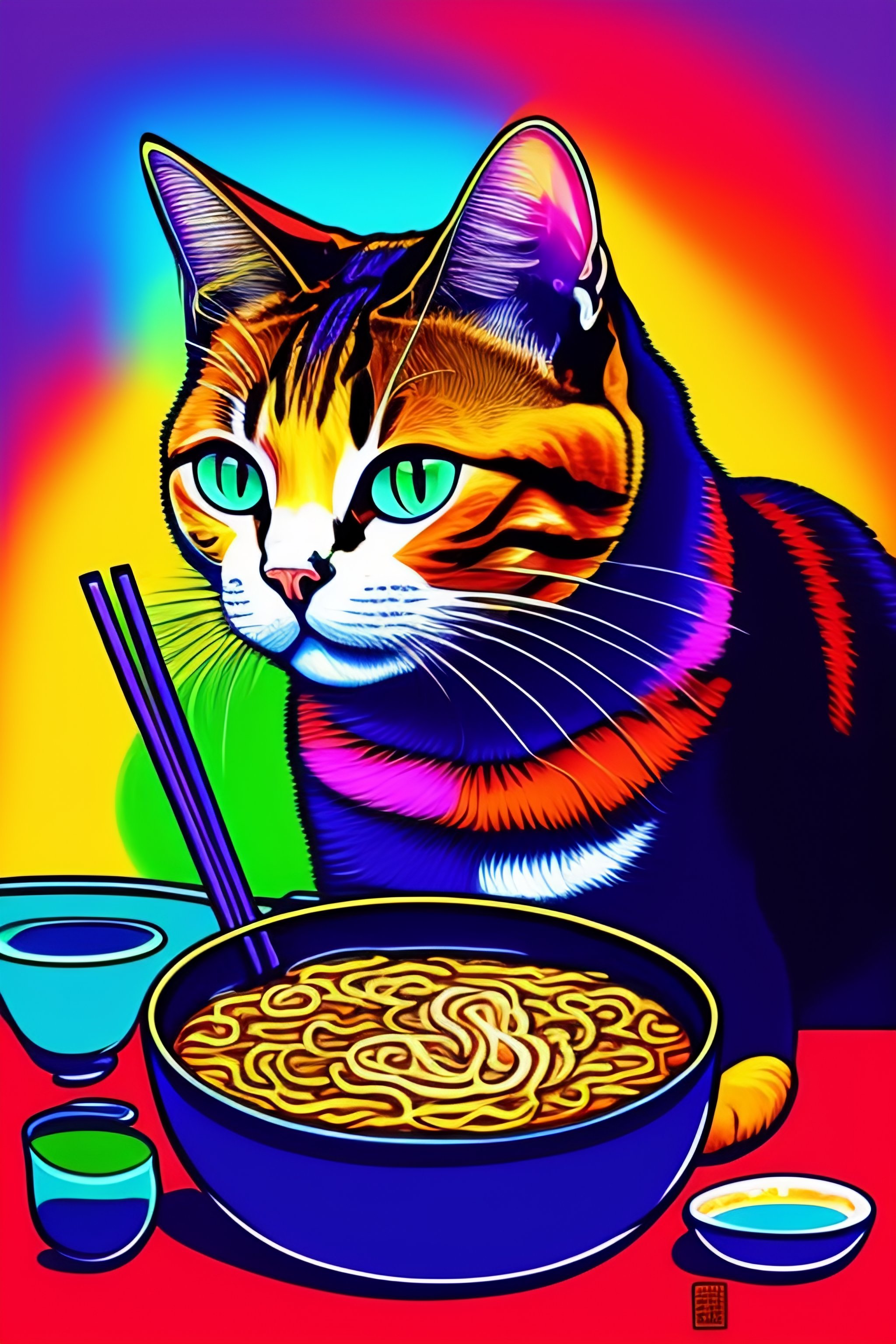 Lexica - Cat eating ramen, trippy colors, cartoon style, comic style ...