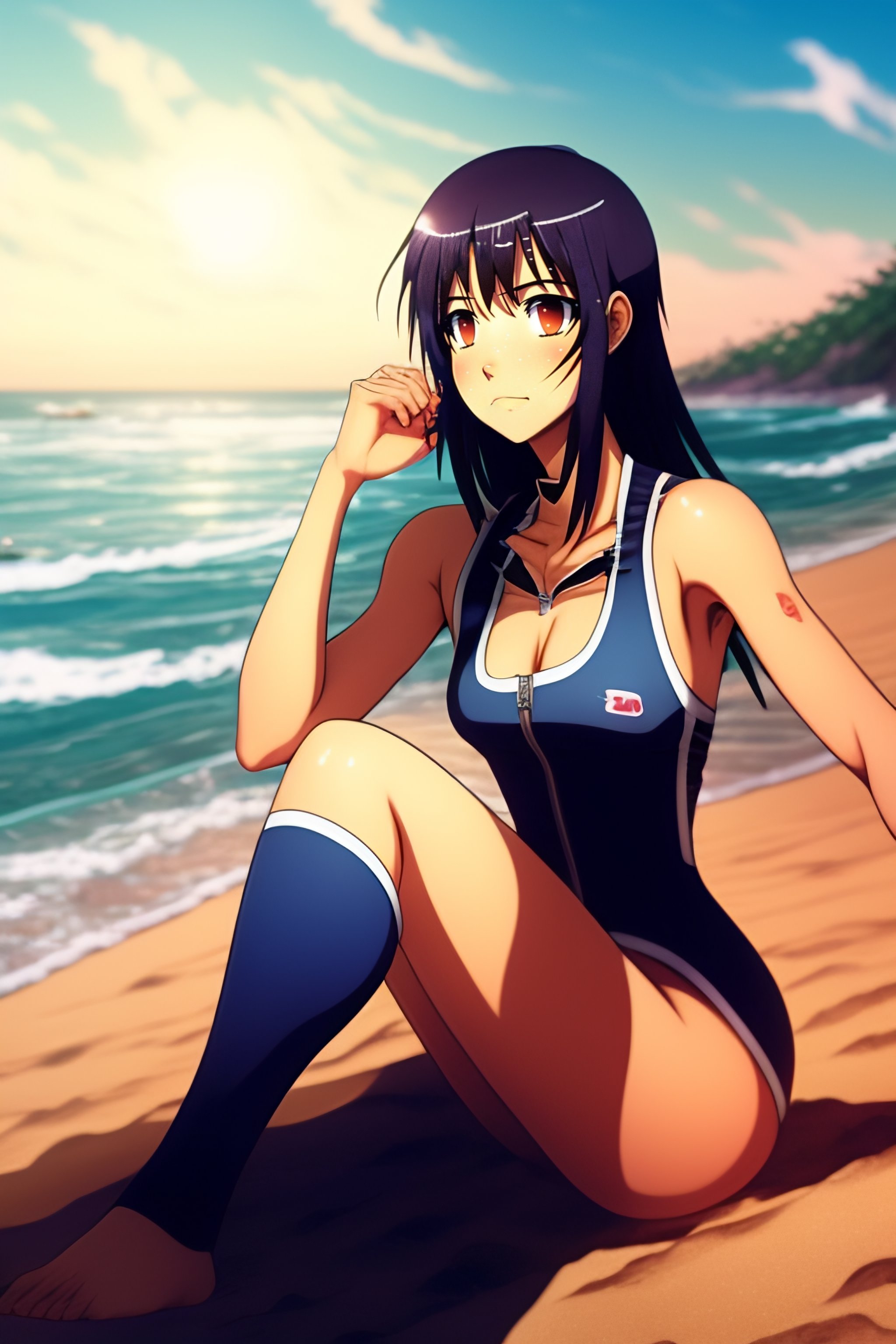 Lexica - 90s anime vintage fit enthused cute shy mikasa Ackerman with shiny  dark eyes from attack on titan at beach sitting down on the sand. Long bl