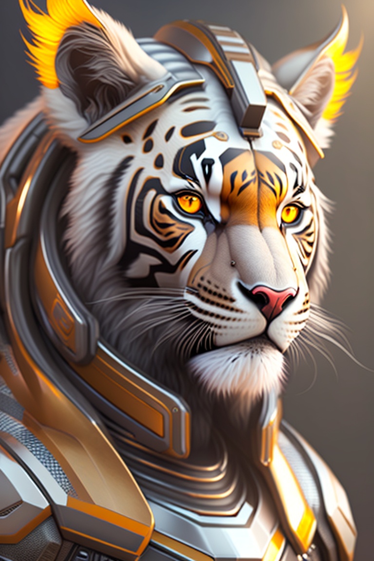 Lexica - Portrait Of A Cybernetic Tiger With Gada, Gray Hair Fur, Abs 