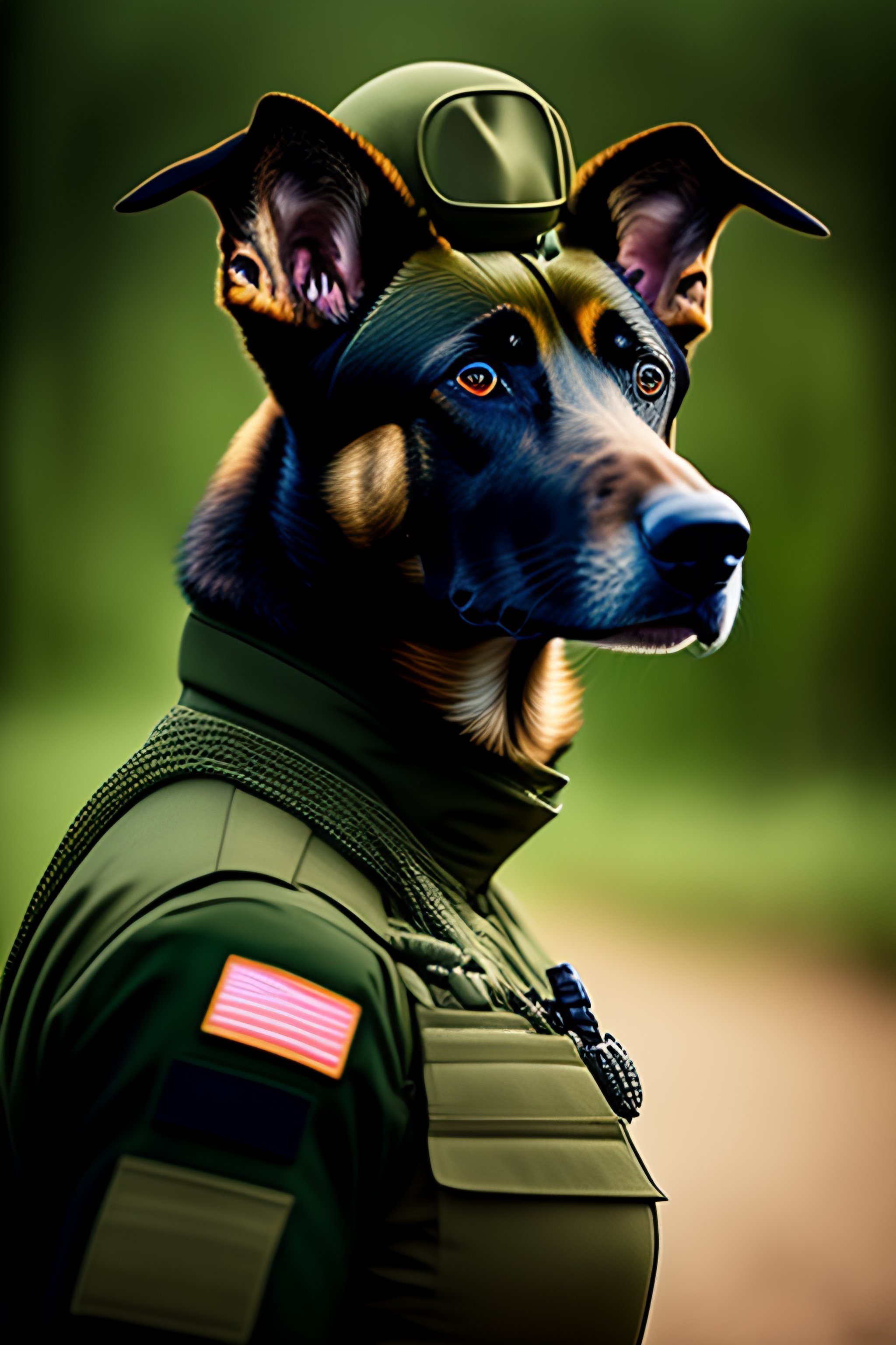 Lexica Portrait of a human characterized Belgian malinois wearing a combat uniform wearing a