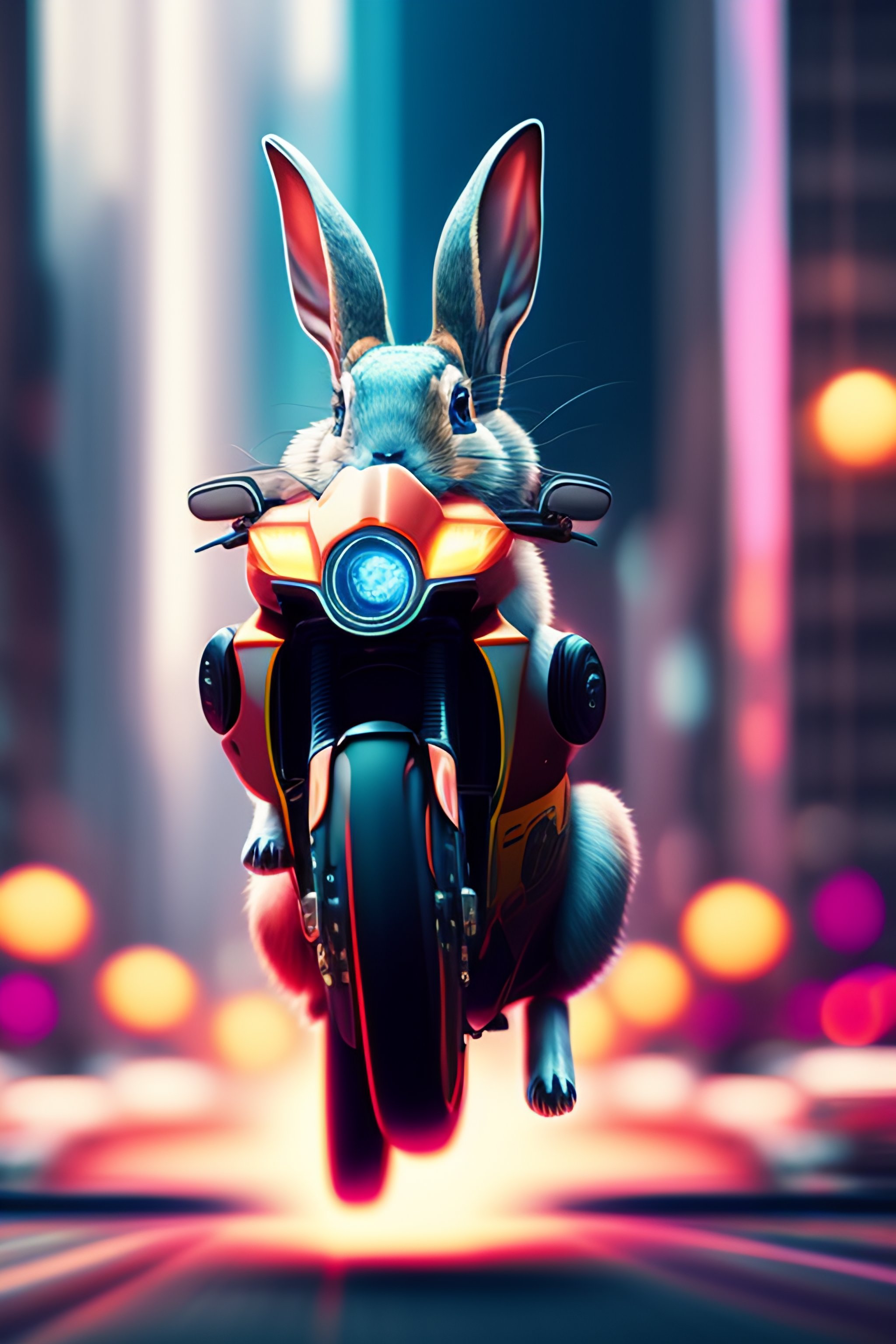 Lexica - A Cyberpunk Rabbit, in a futuristic Motorcycle, jumping over a ...