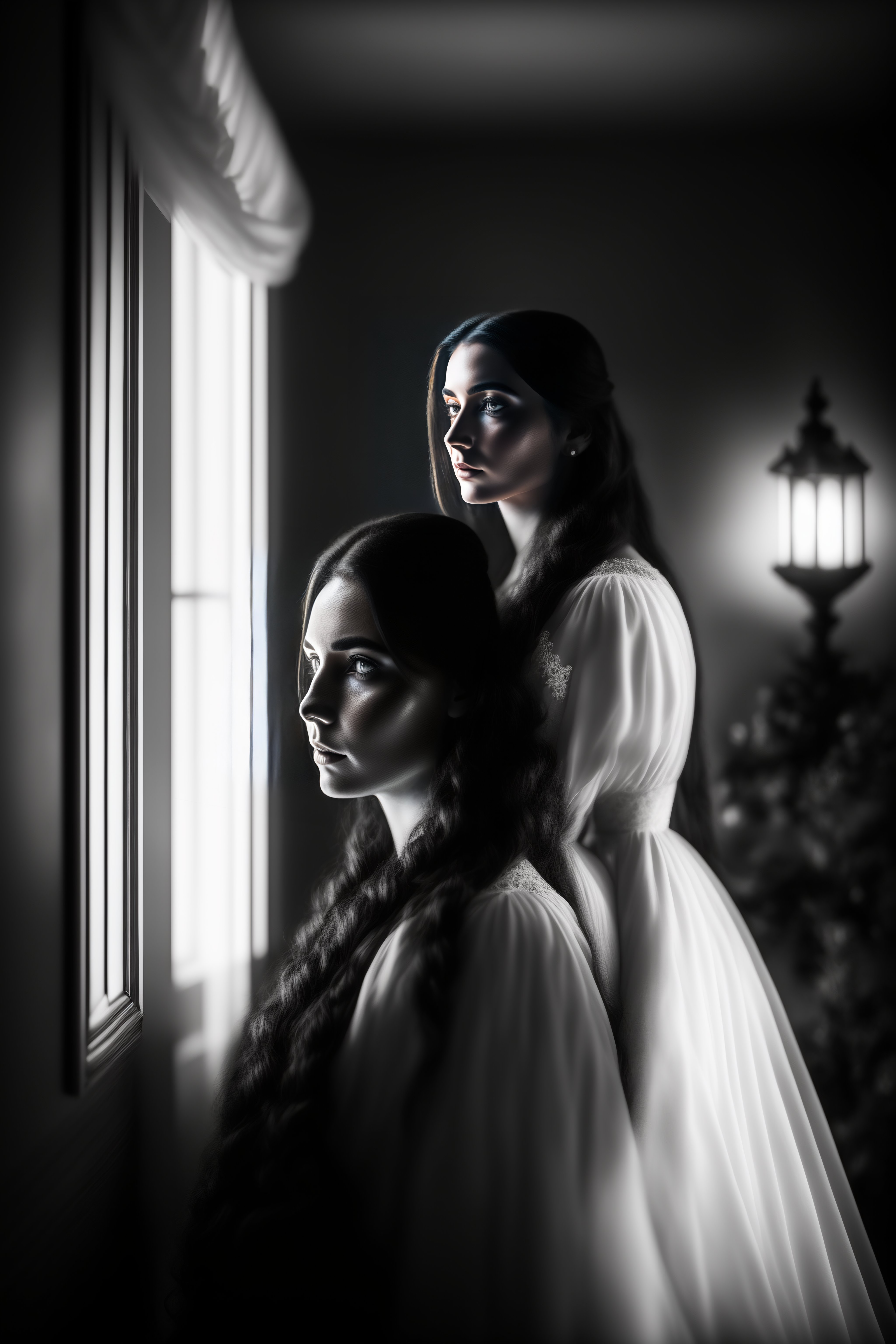 Lexica - Ghost and young woman in victorian house, black and white ...
