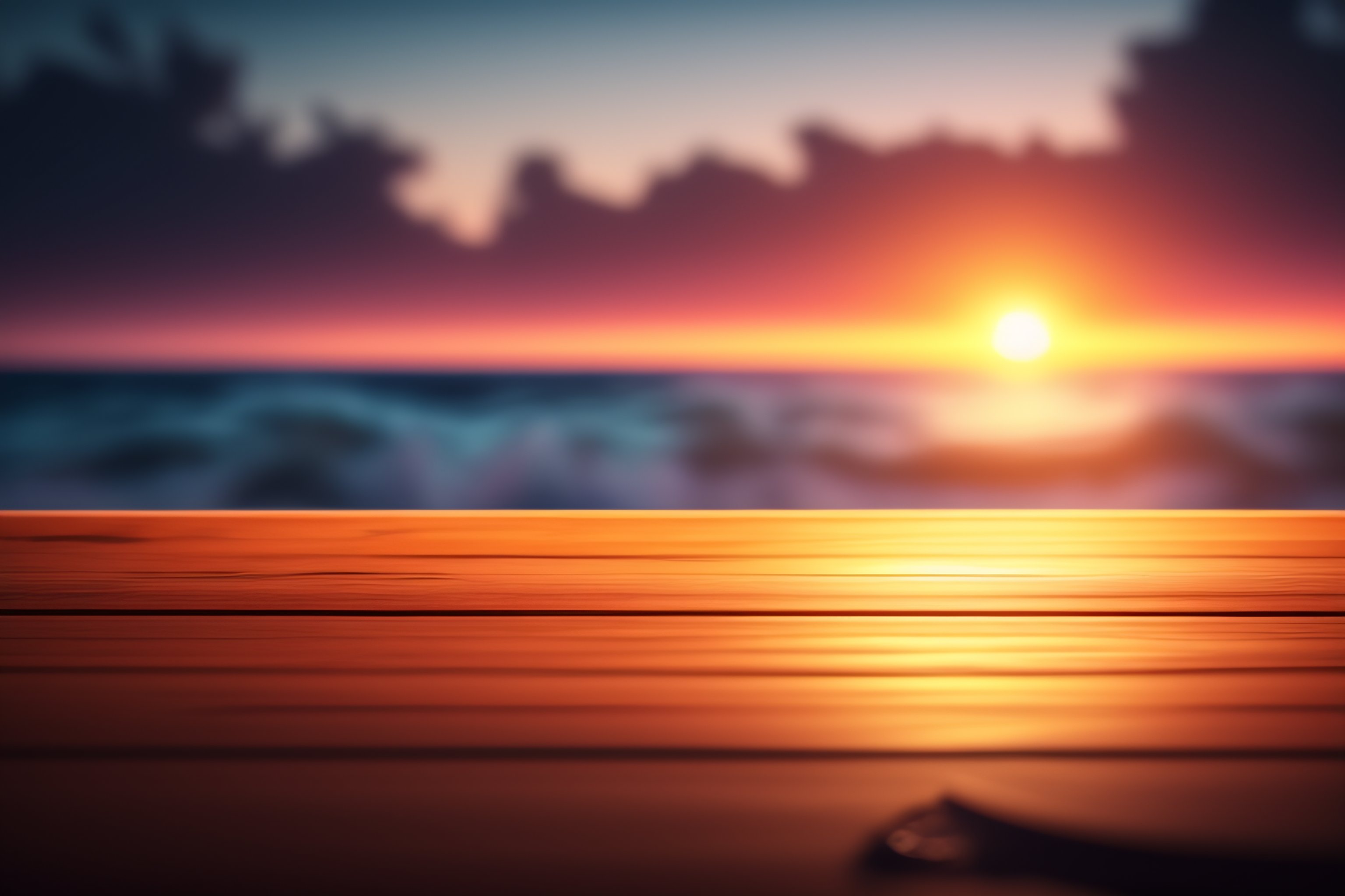 Lexica - Wooden table with a bokeh beach sunset background, massive ...