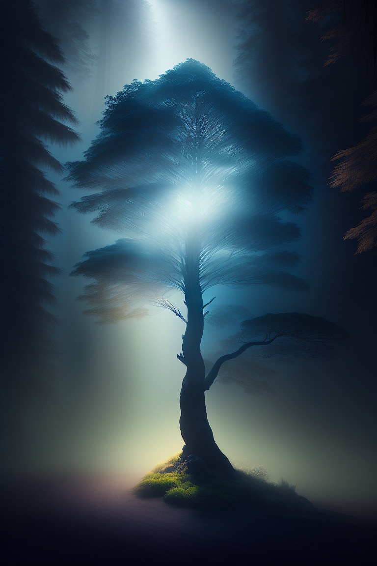 Lexica - Amidst an ancient forest shrouded in mist, a solitary tree ...