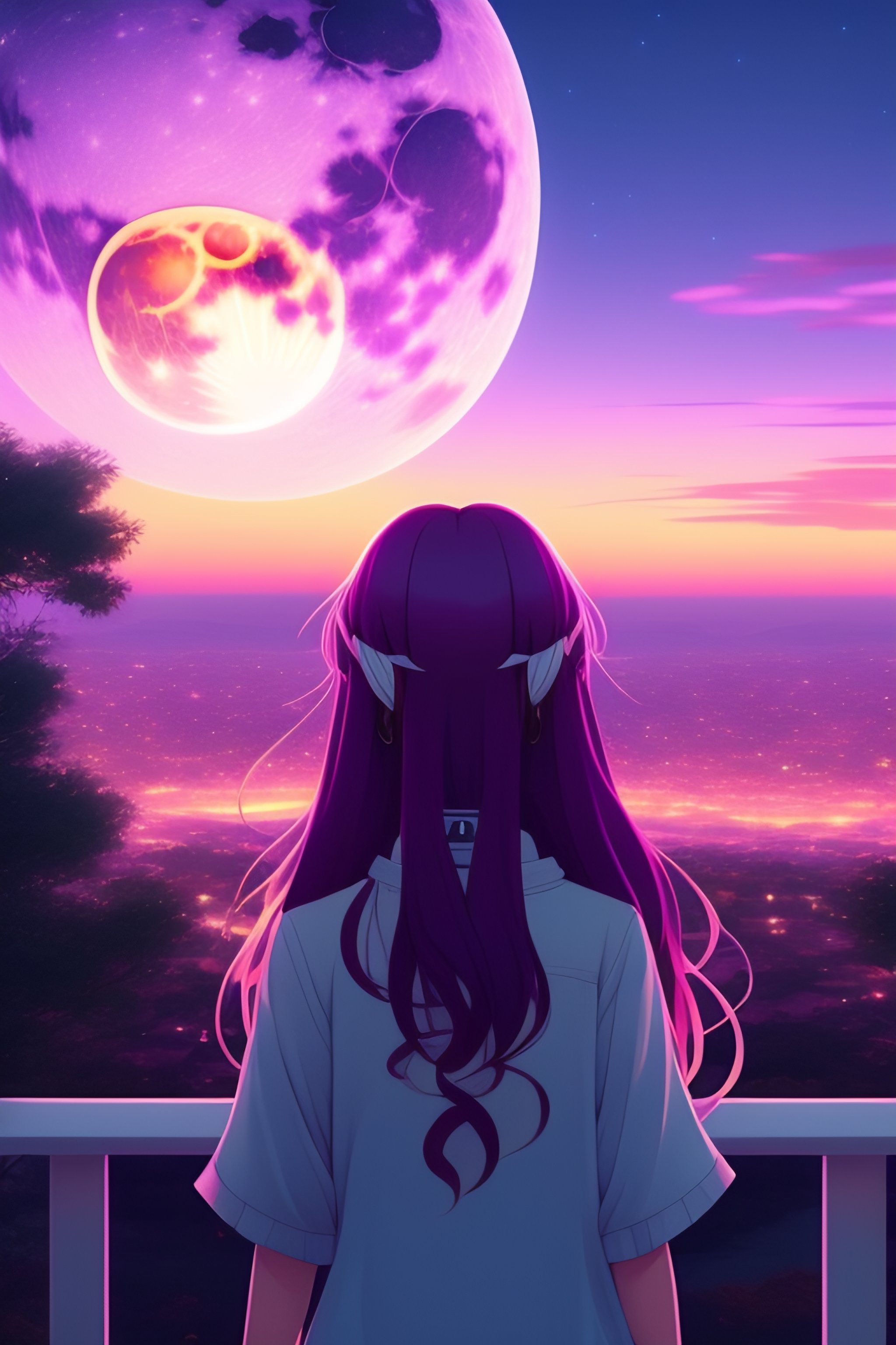 Lexica - Full moon, pink moon, anime, anime girl, long hair, view in  camera, no floor