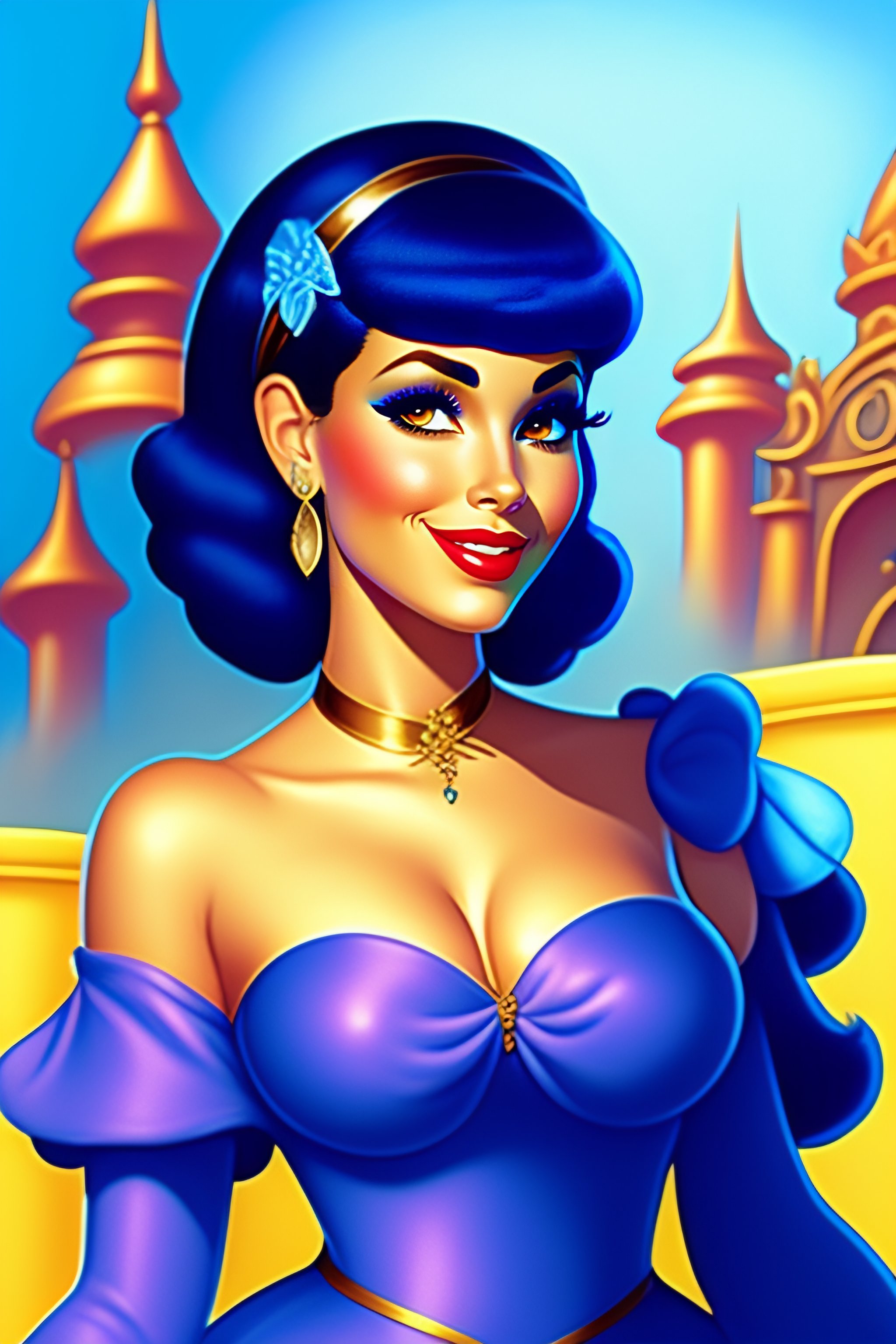 Lexica Disney drawing of a pretty woman with short blue hair singing, bears dancing