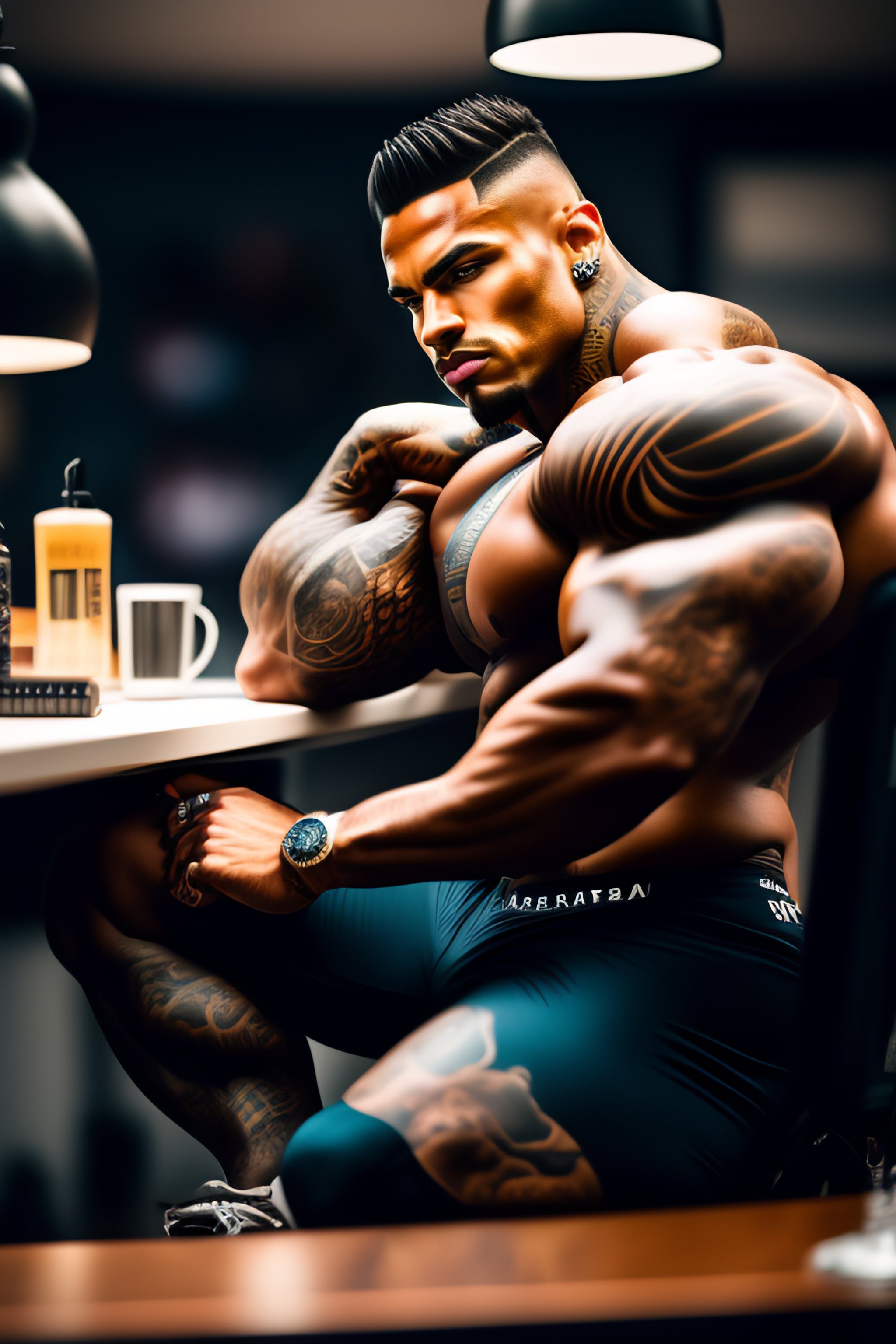 Lexica - Tattooed bodybuilder sitting behind a desk
