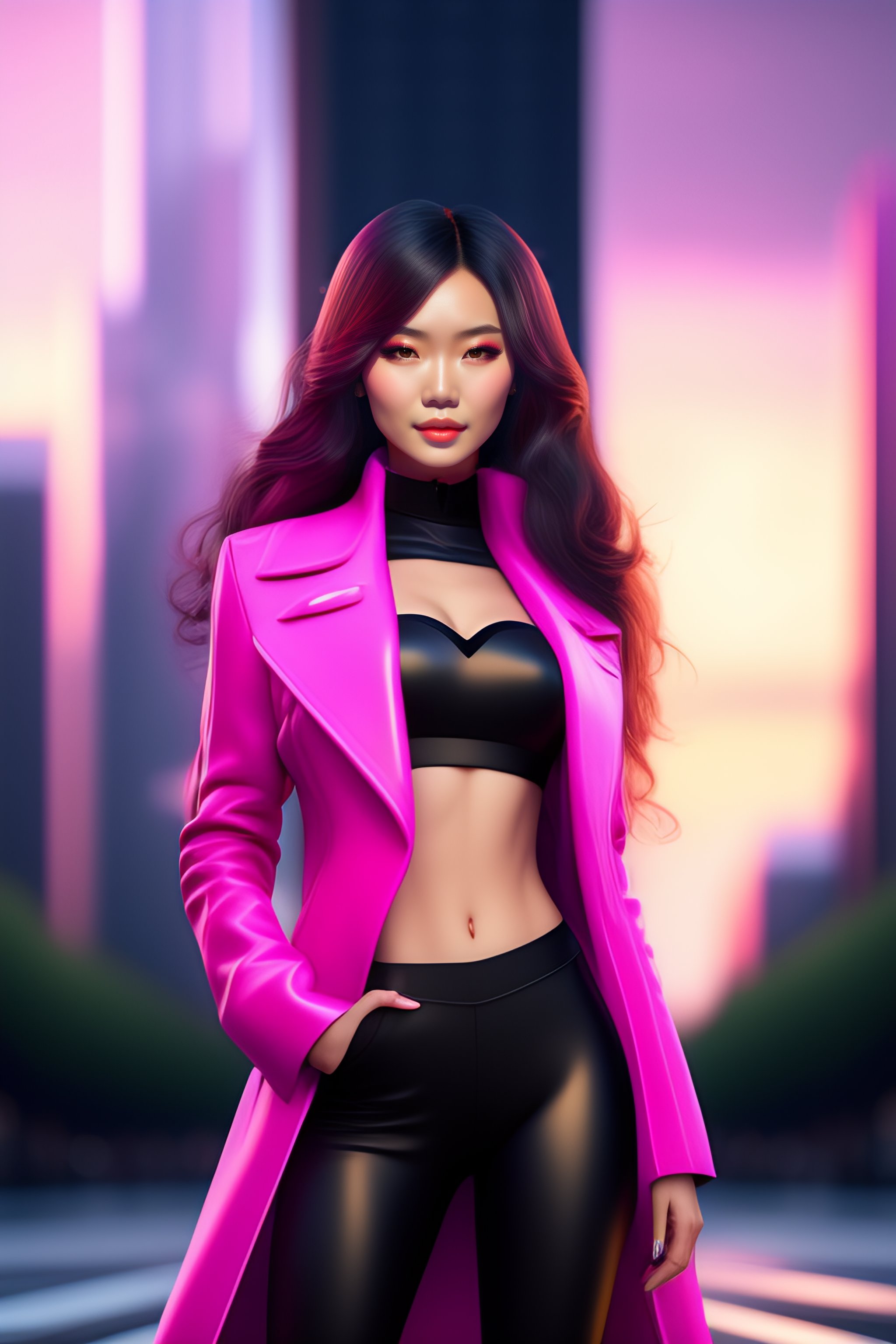 Lexica - Pretty Chinese female superhero in sleek pink coat, black