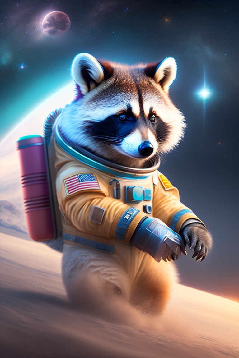 Lexica - Raccoon in space in a spacesuit, beautiful planet