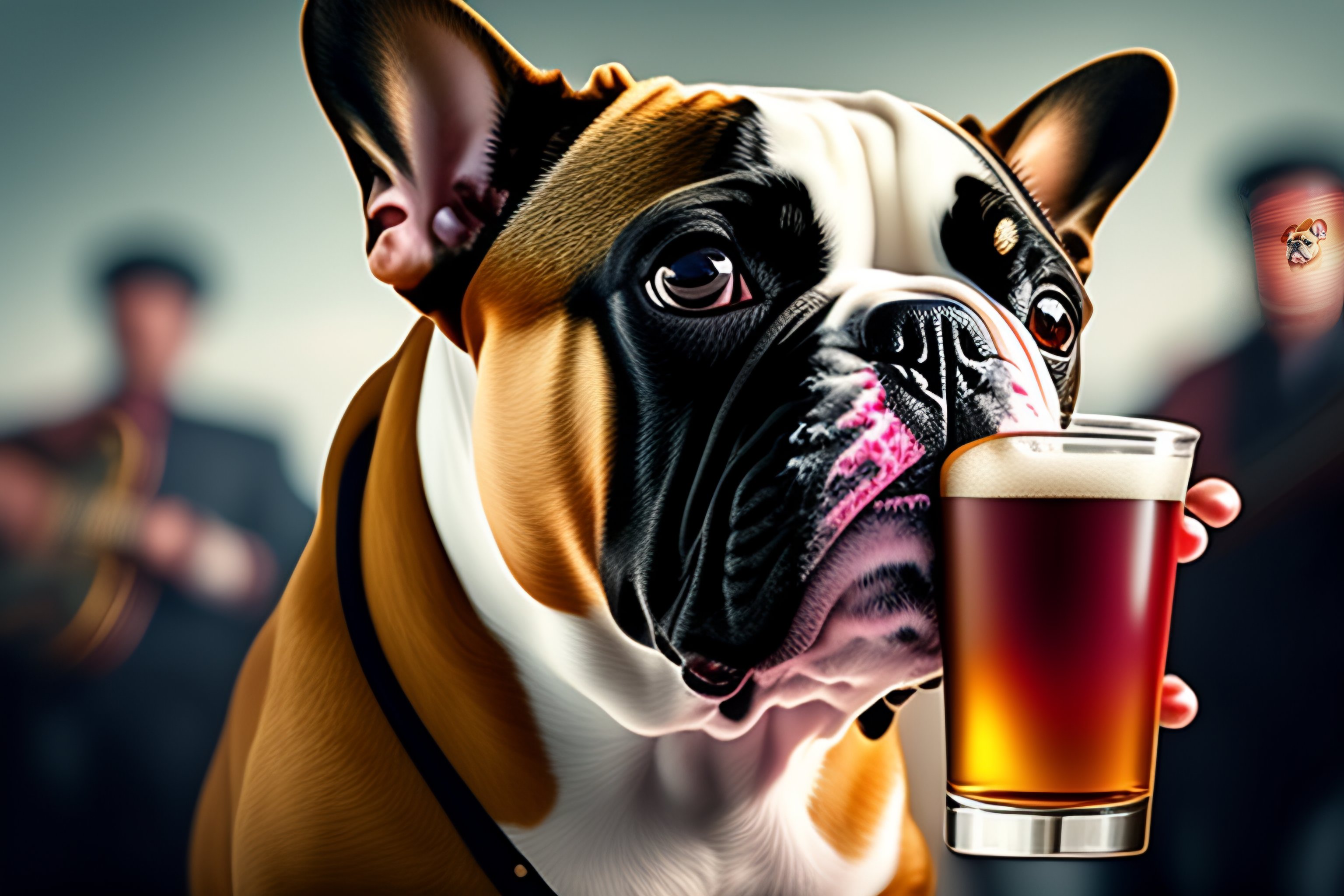 Lexica A french bulldog dressed as a rocker drinking a beer