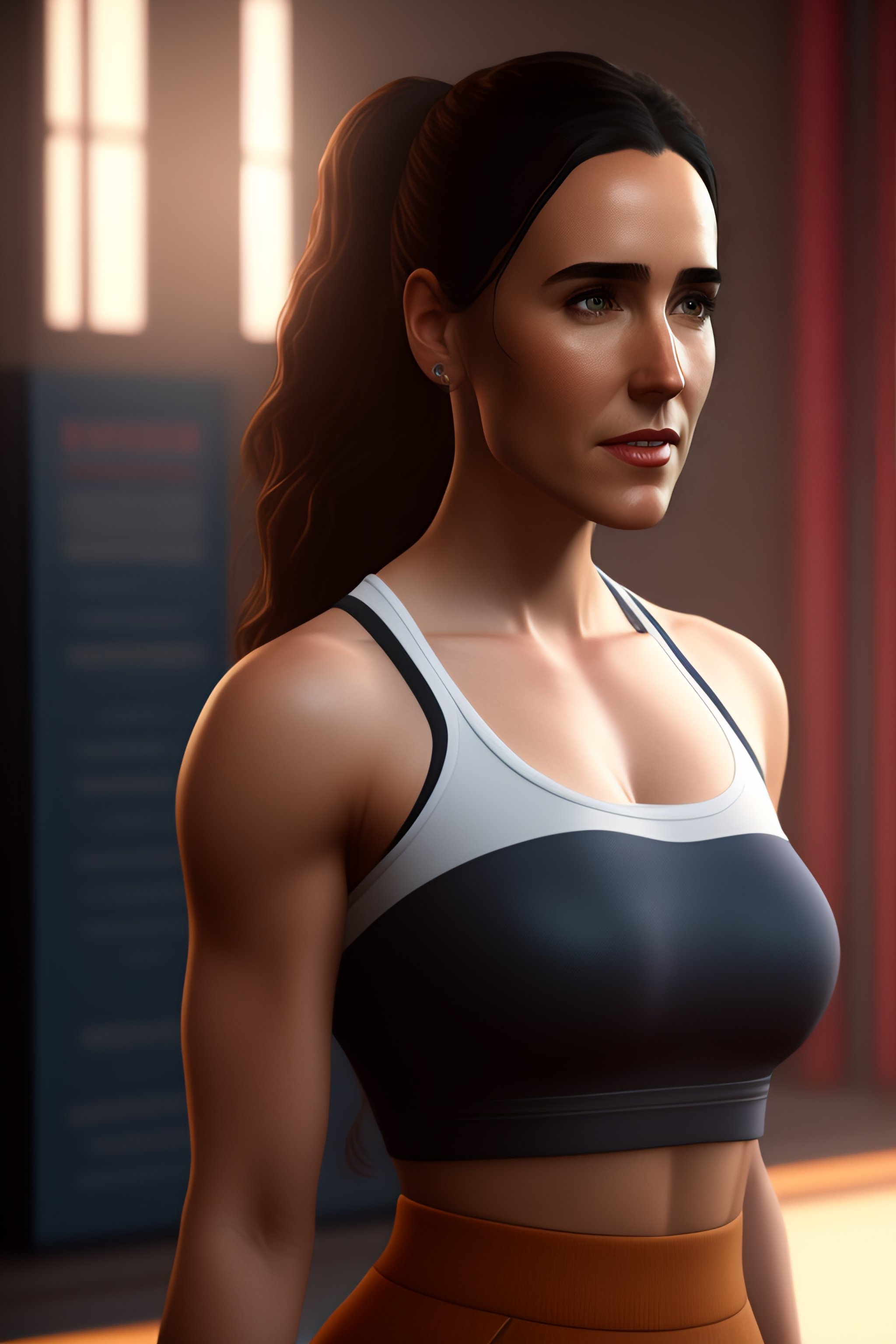 Lexica - Full body portrait of Jennifer Connelly as a beautiful school  student with bouncy chest, kneeling down,she is blushing, wearing a tight  tshi