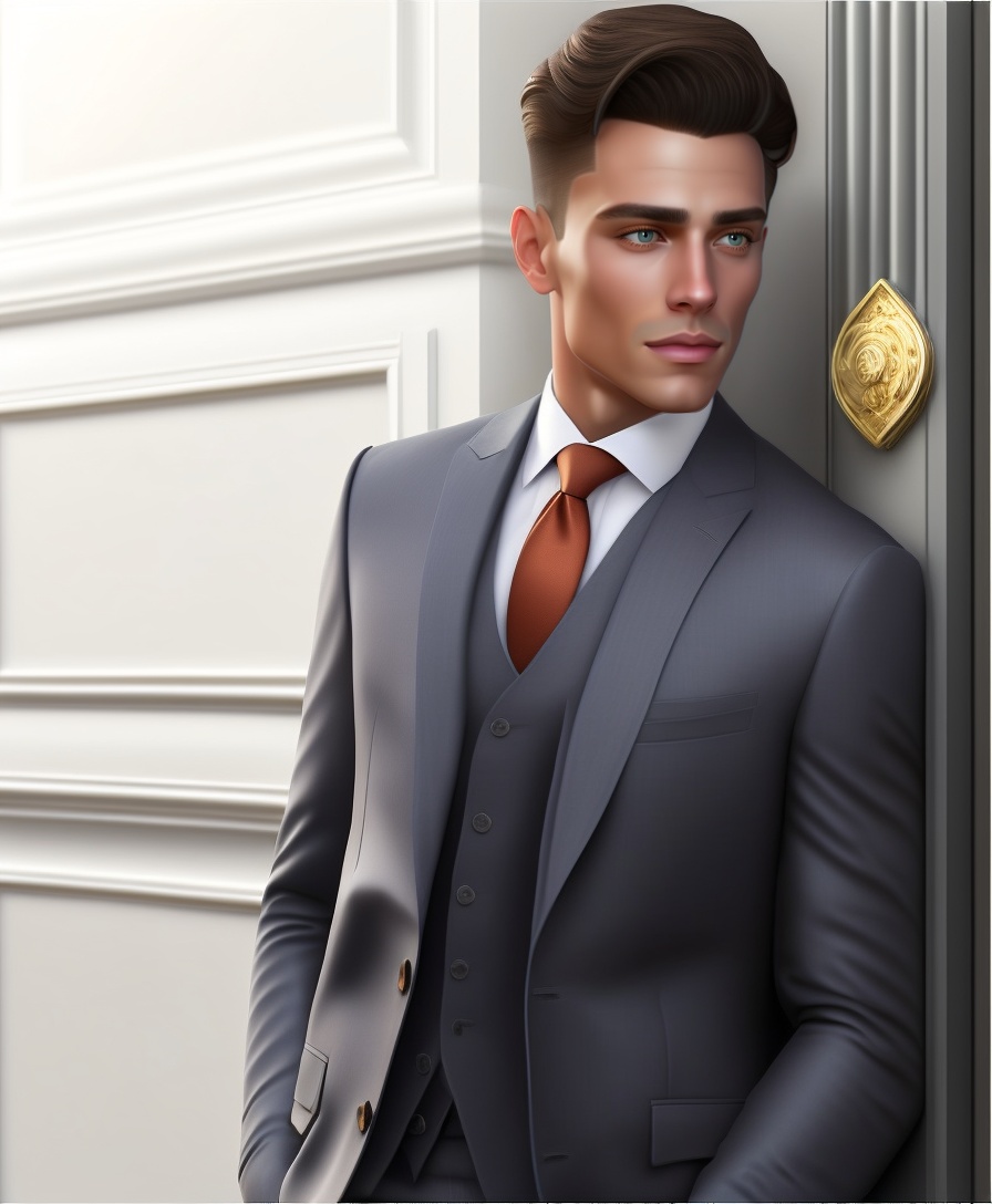 Lexica - A man in light grey vested suit, spying behind a door