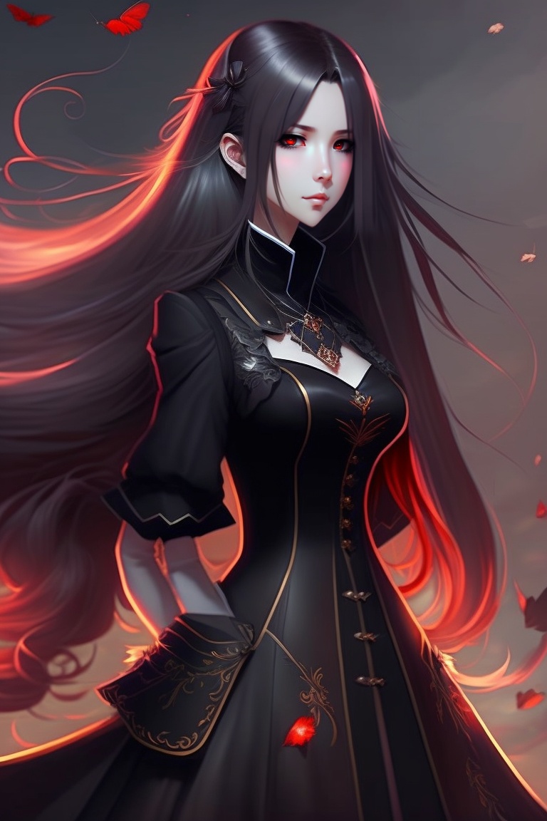 vampire anime girl with red eyes and black hair