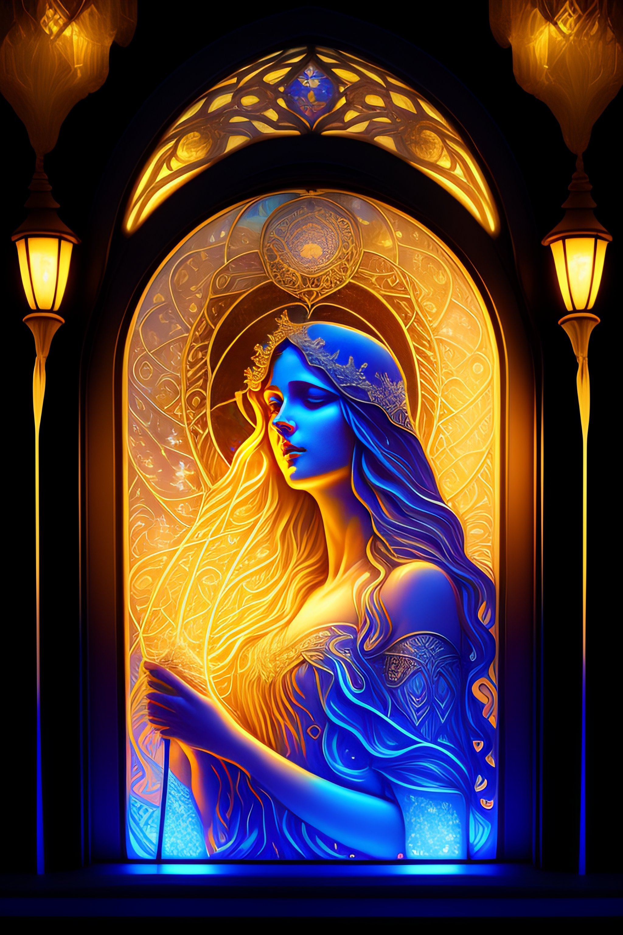 Lexica Etched frosted glass window depicting a woman, by Alphonse