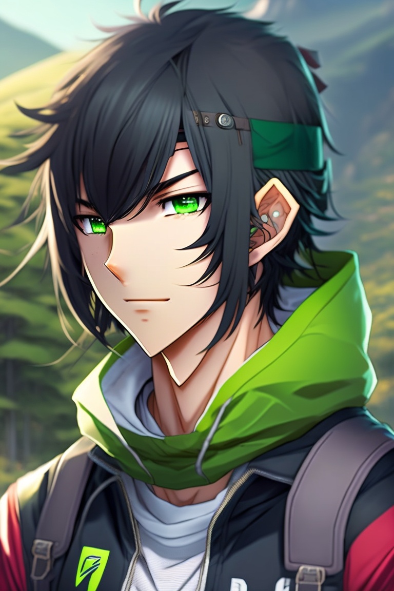 anime boy with black hair and green eyes