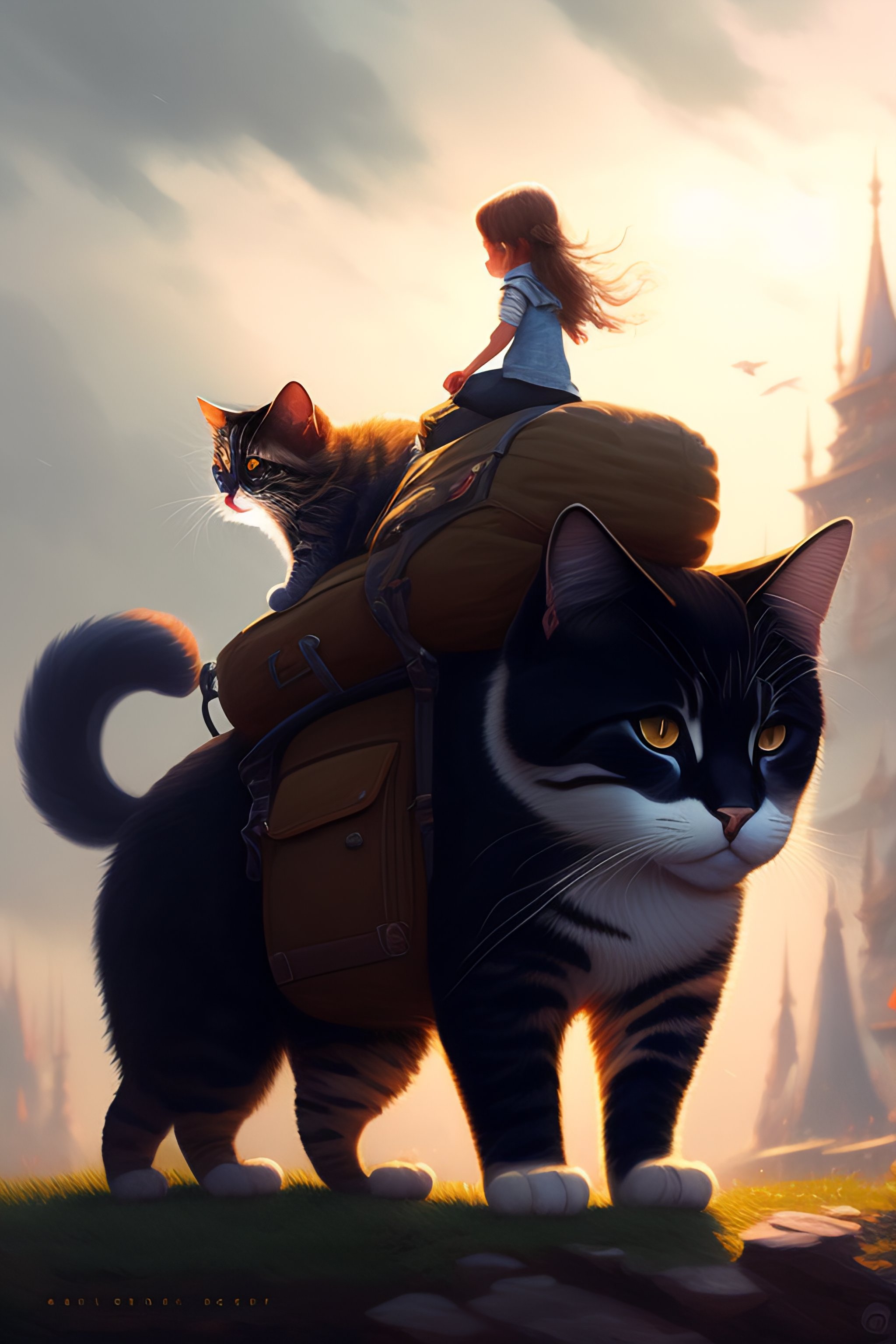 Lexica - Story book art by greg rutkowski. tiny girl riding on the back of  a giant cat