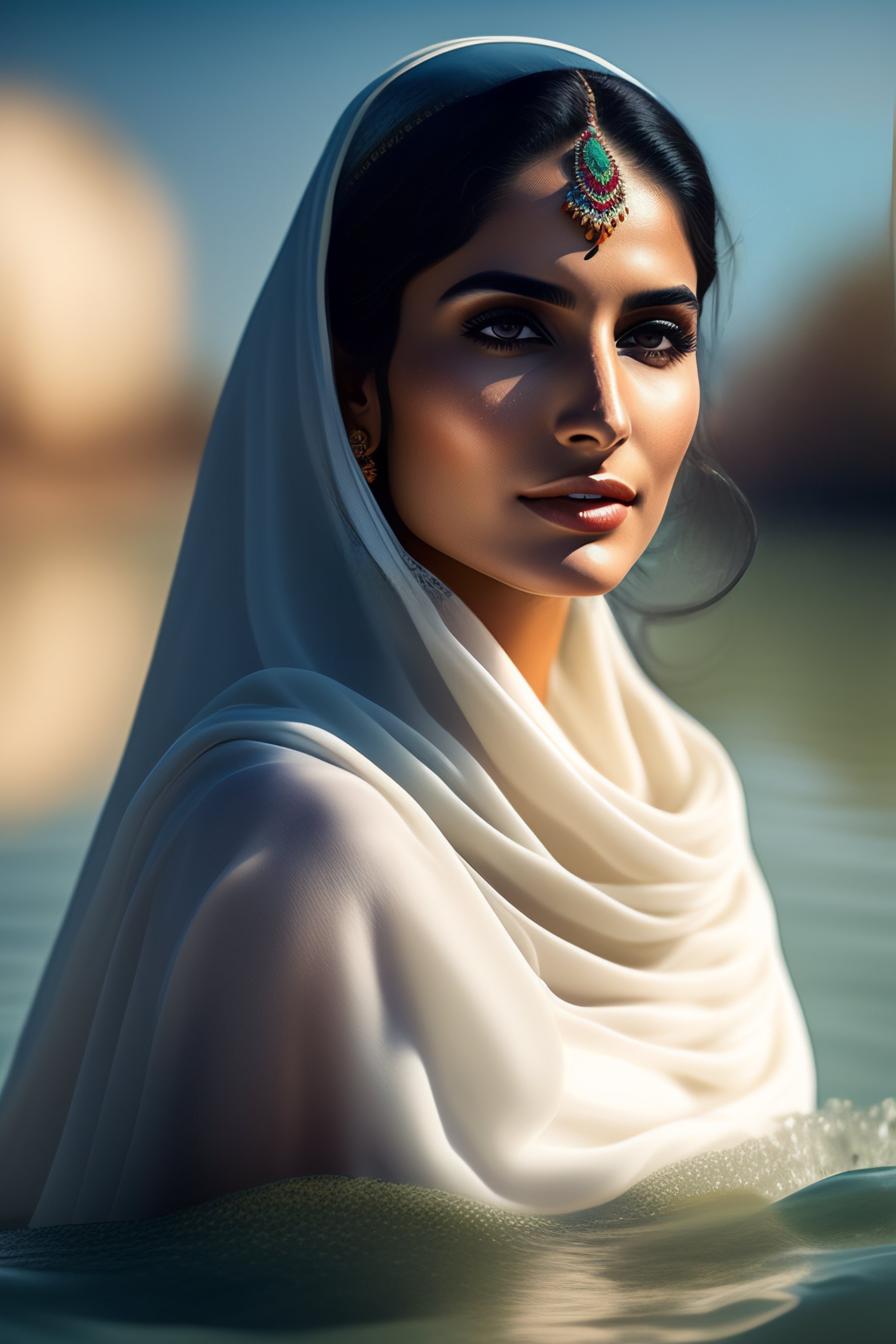Lexica - Beautiful pakistani woman, rising from water surface, white ...