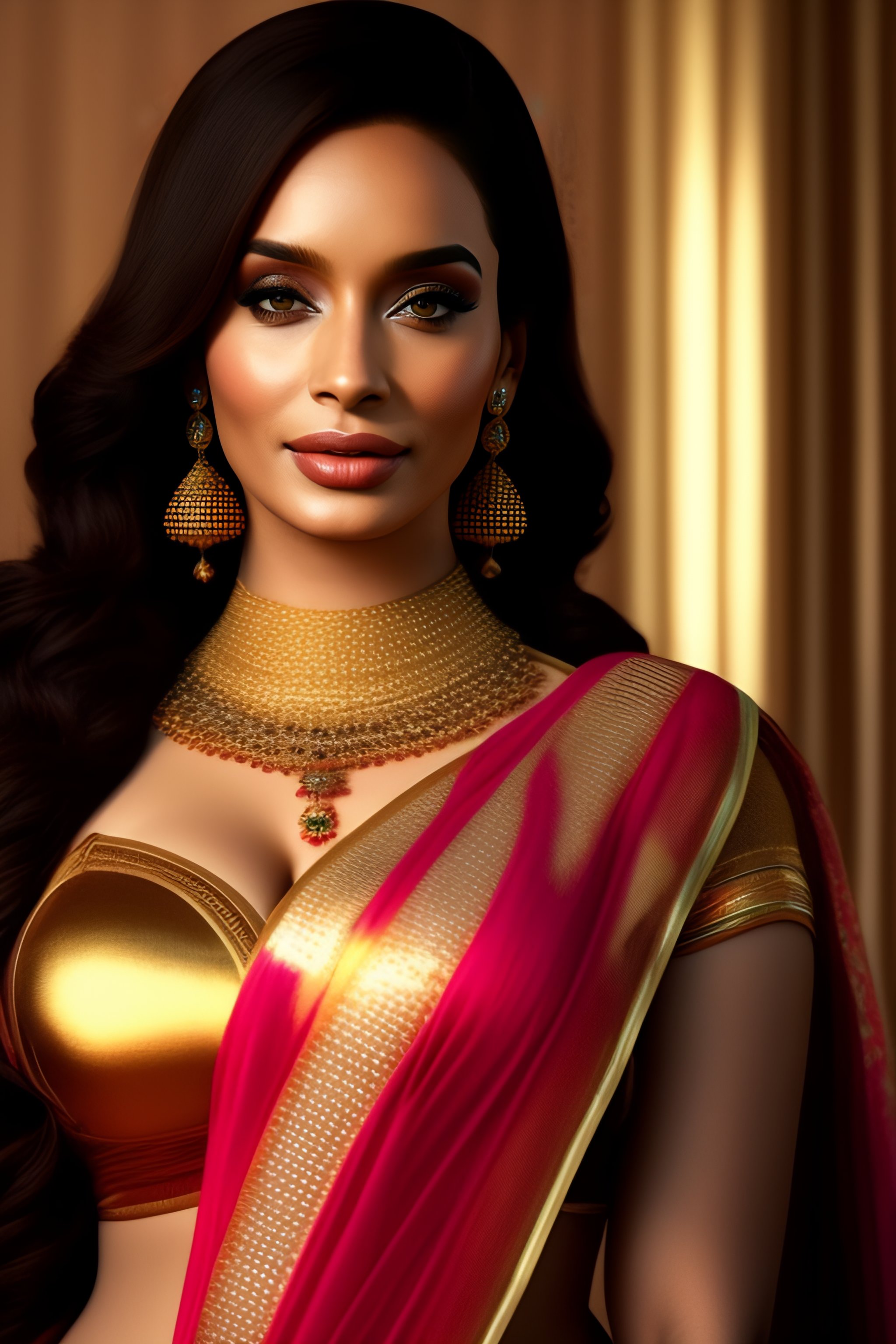 Lexica - Young north indian girl in a saree, massive downblouse, fit body,  wearing saree, wearing kebama, vogue photoshoot, maxim photoshoot, ultra  r