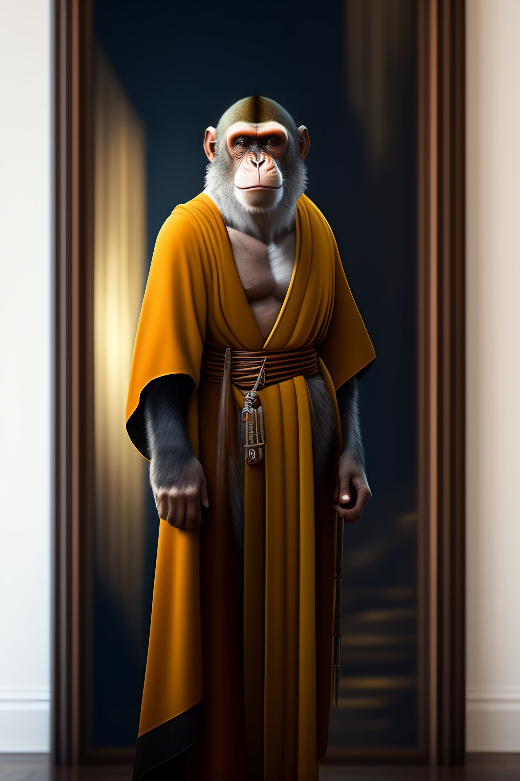 Lexica - Game character, long rod, monkey on shoulder, cloth robe on ...