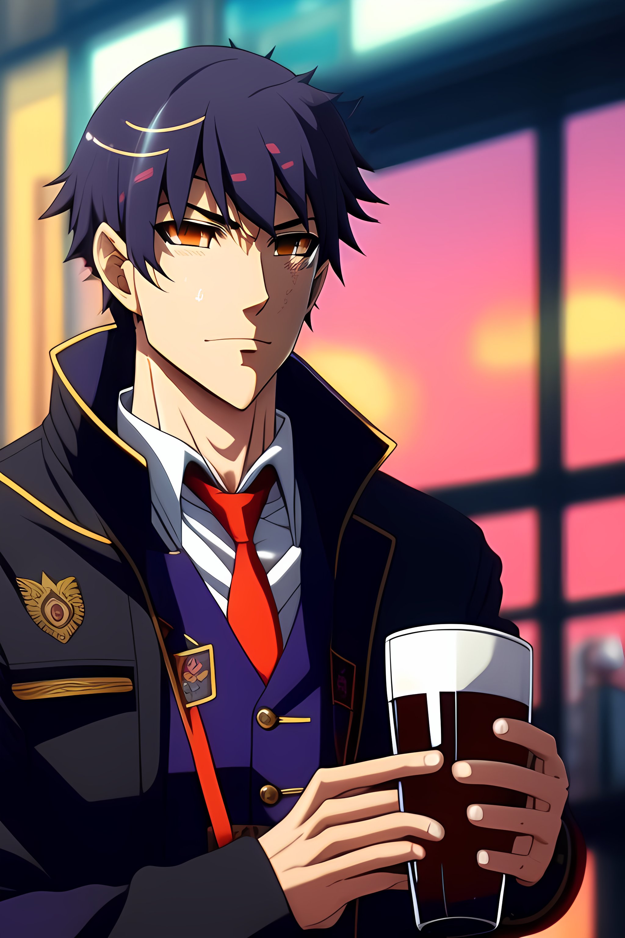 Lexica - (((Ilya Maddison))), drinks beer, anime style, evangelion, male 40  years old