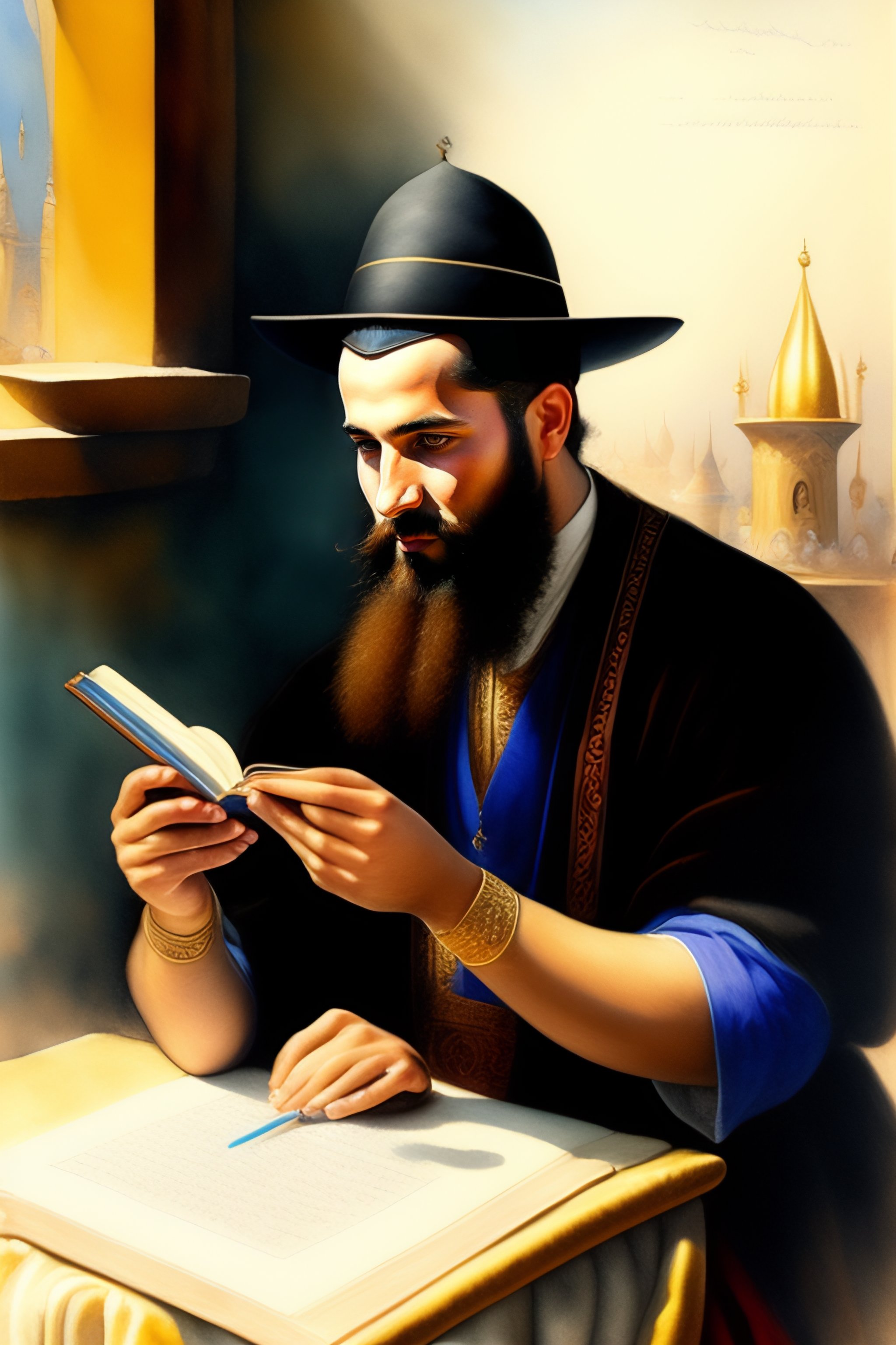 Lexica - Rabbin avec son talith étudiant la torah, aquarelle