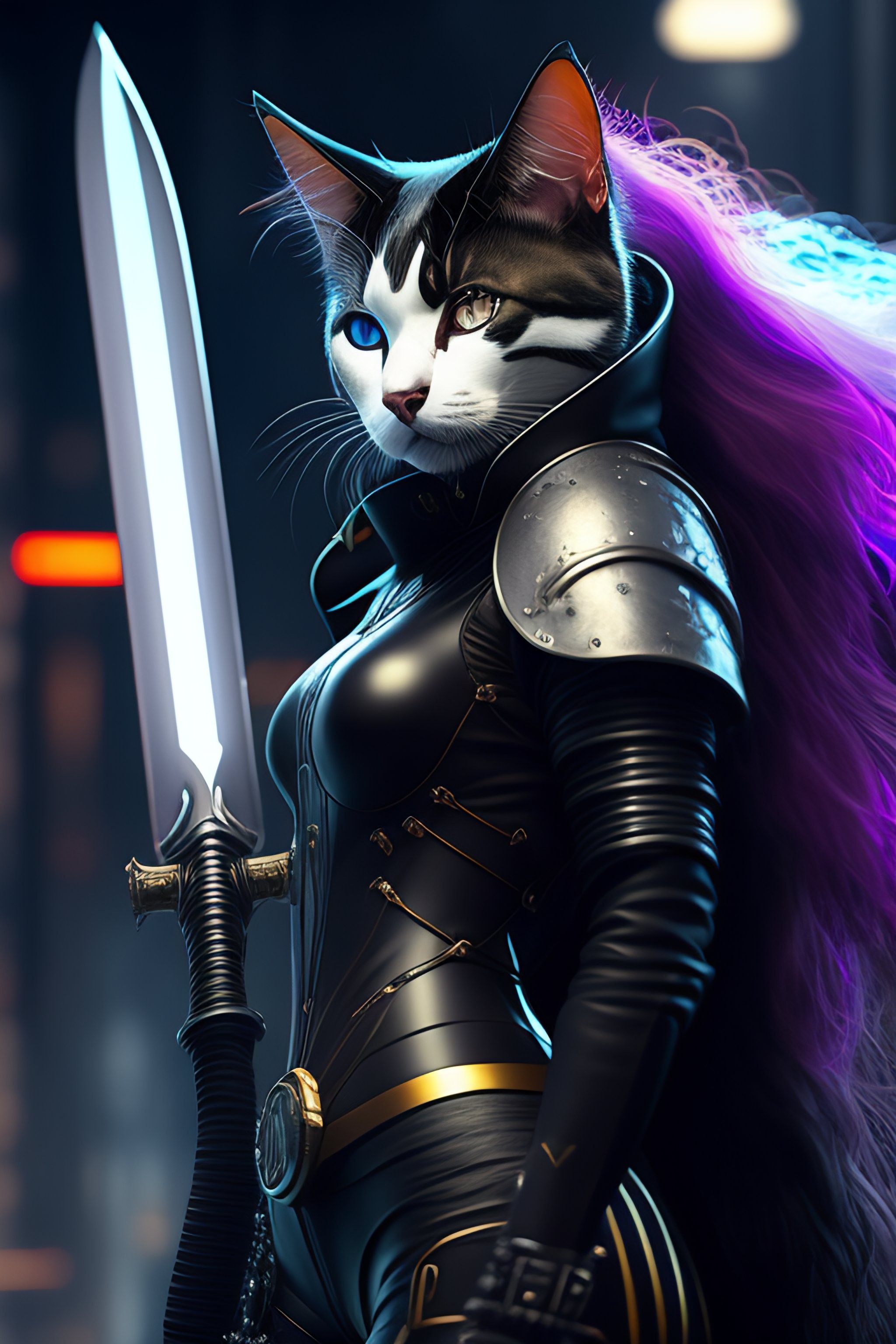 Lexica - Cyberpunk female black and white cat with long hair, with a ...