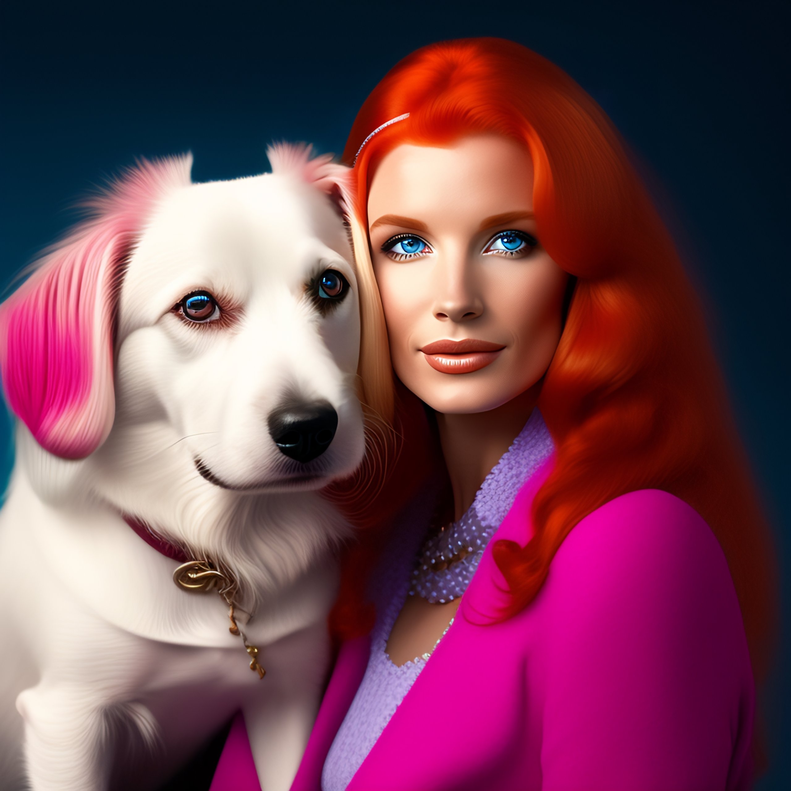 Lexica Cute Blue Eyed Long Haired Redhead Woman Next To A White Jack Russell Terrier Pink