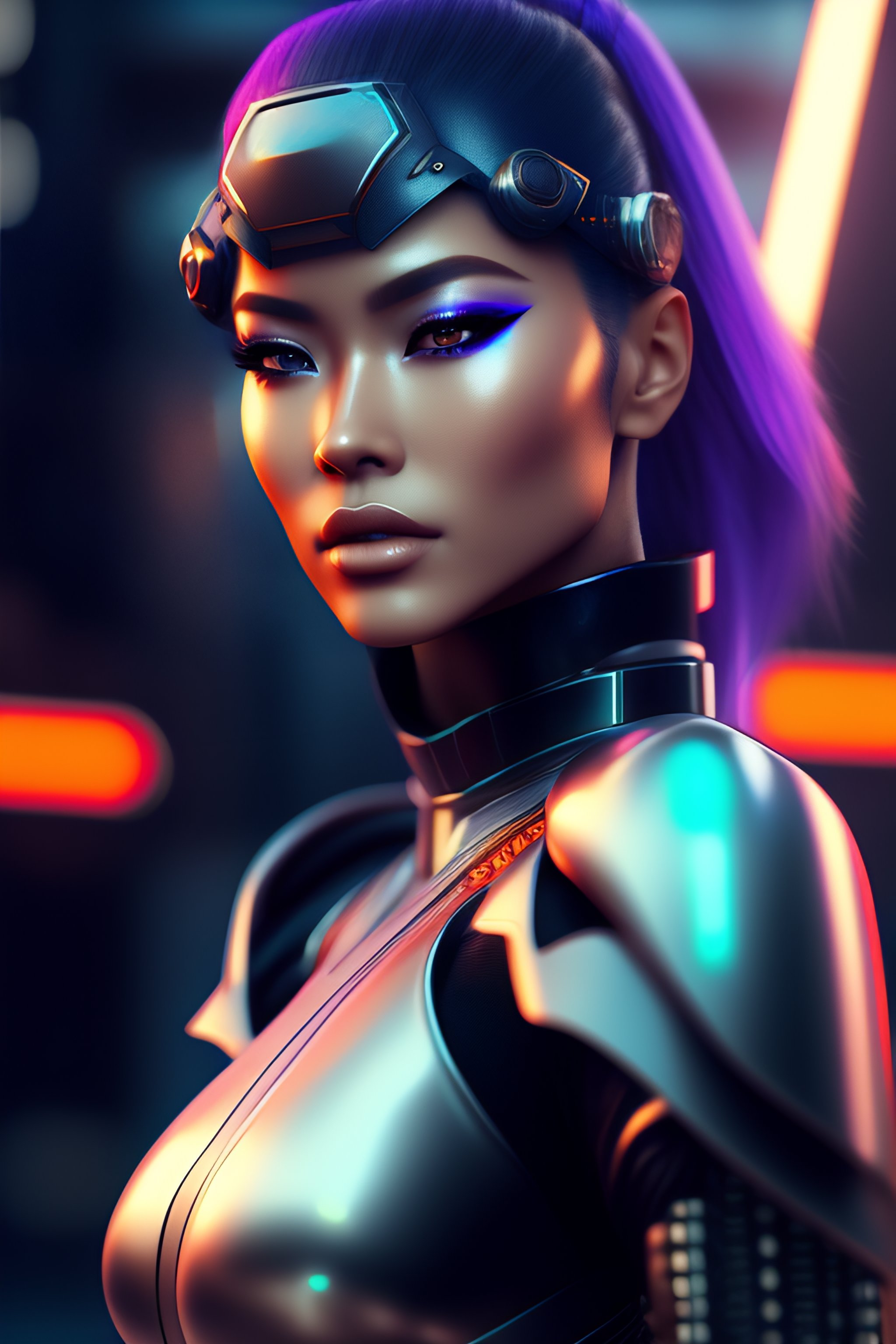 prompthunt: beautiful female cyborg wearing futuristic cyberpunk fashion,masamune  shirow,live action, cosplay,female fashion costume style+high  detail,epic,fantasy,sci-fi,futuristic female cyborg,futuristic fashion  trending on artstation,orange and