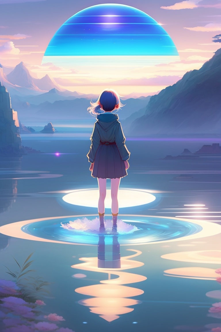 Lexica - Anime girl walking on water, ripples, backdrop of dawn, saturn ...