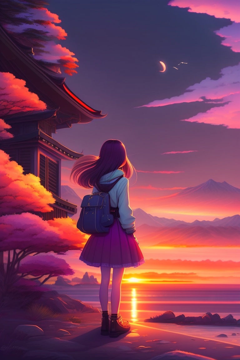 Lexica - Sunset in japan,anime girl sad