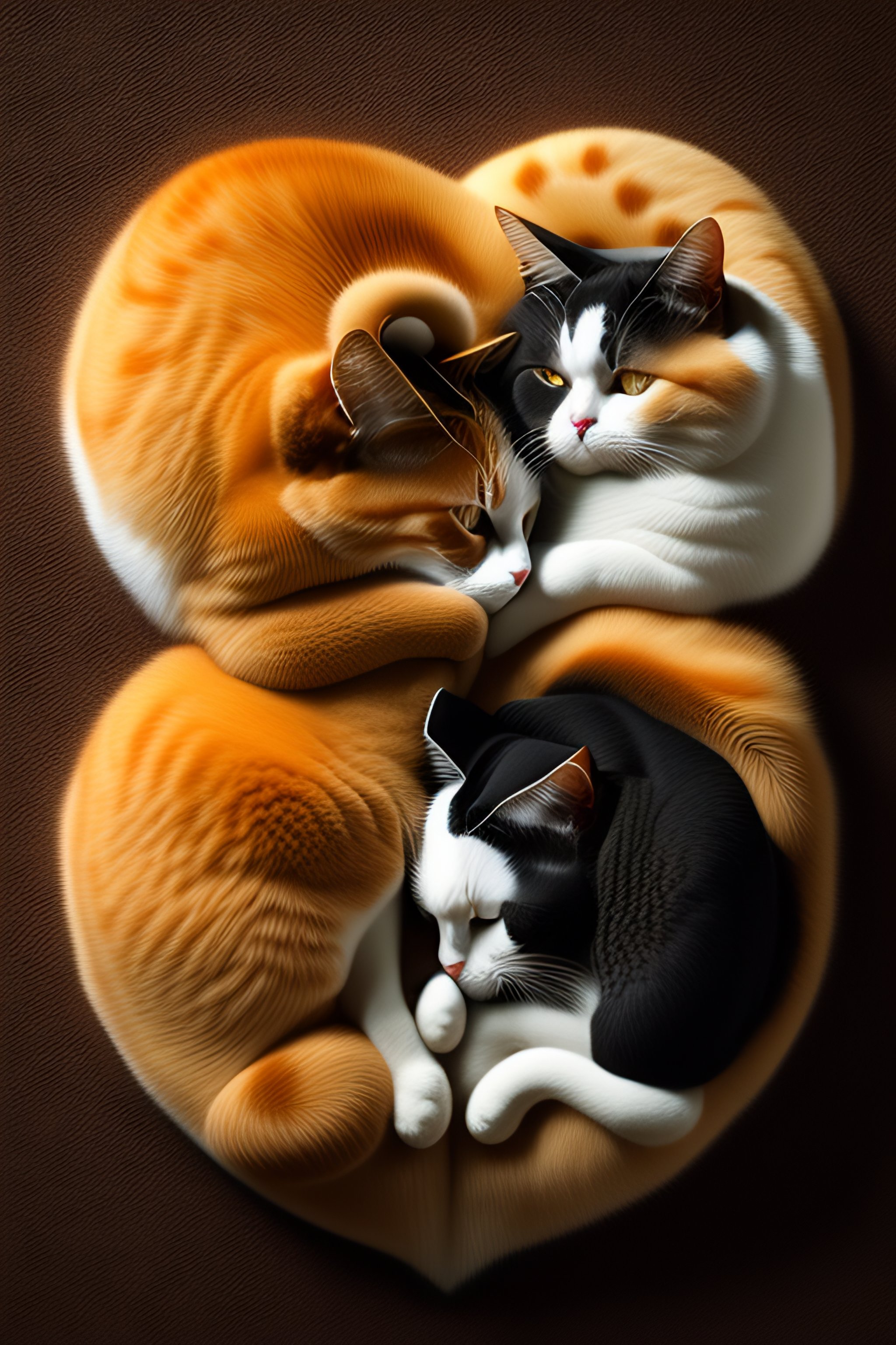 Lexica - Two cats curled up on the ground in a heart shape