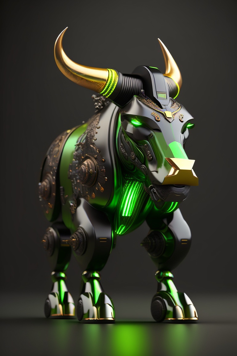 Lexica - A complete robotic green bull, complete body, muscles, dark ...