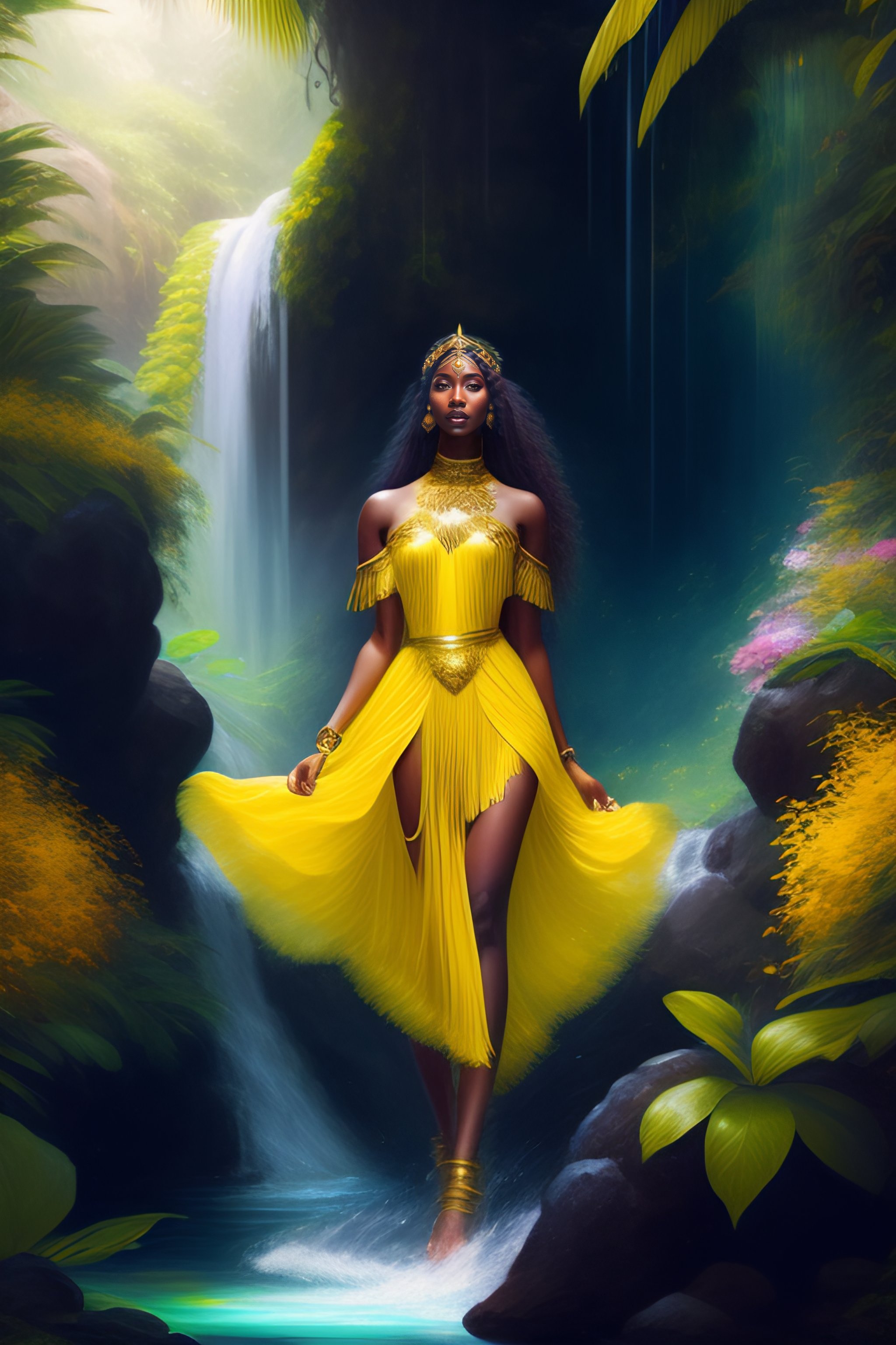 Lexica - Beautiful black oxum princess wearing yellow dress and gold ...