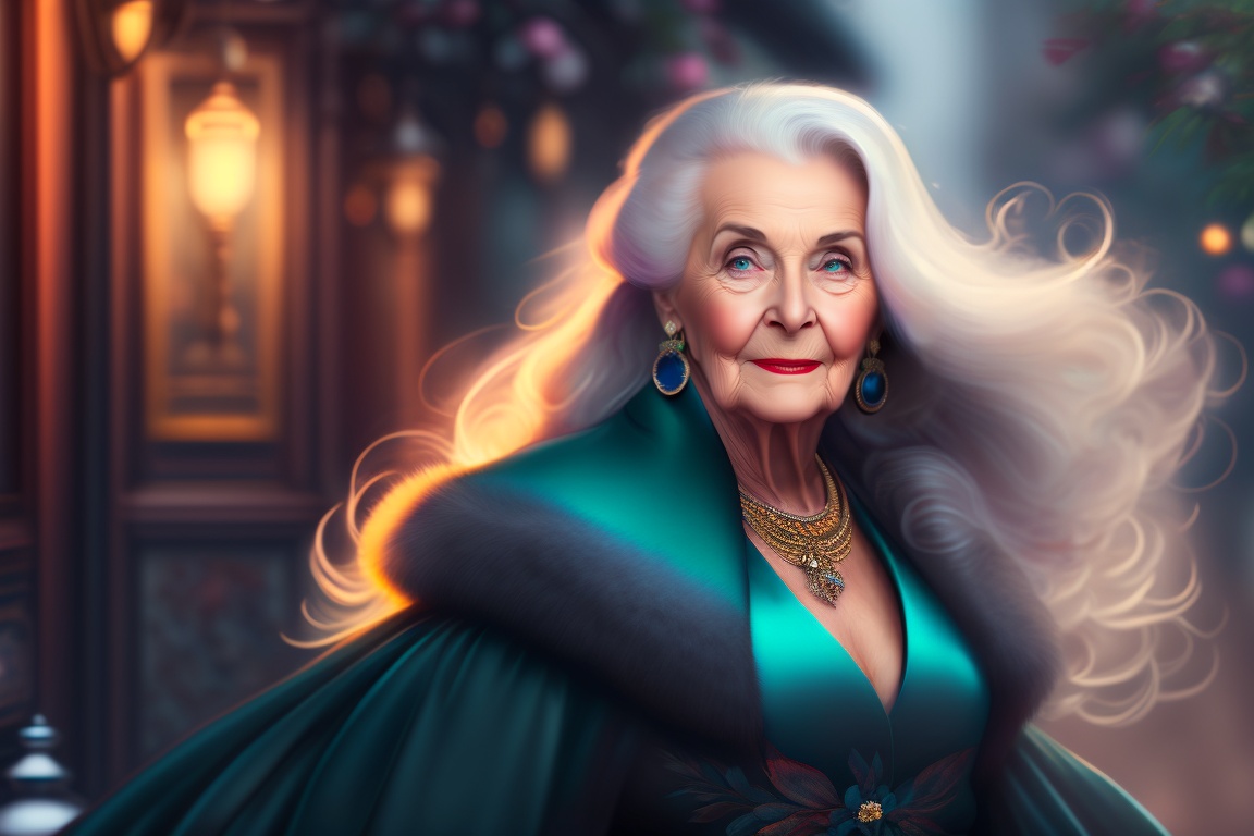 Lexica - Vivid Portrait of an elegant elderly woman, with a surprised ...