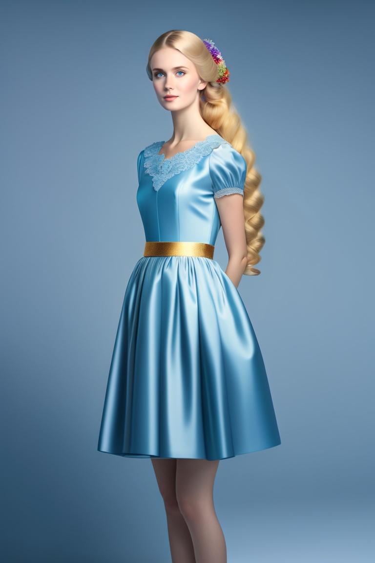 Lexica - A young woman is standing in a light blue dress with golden ...