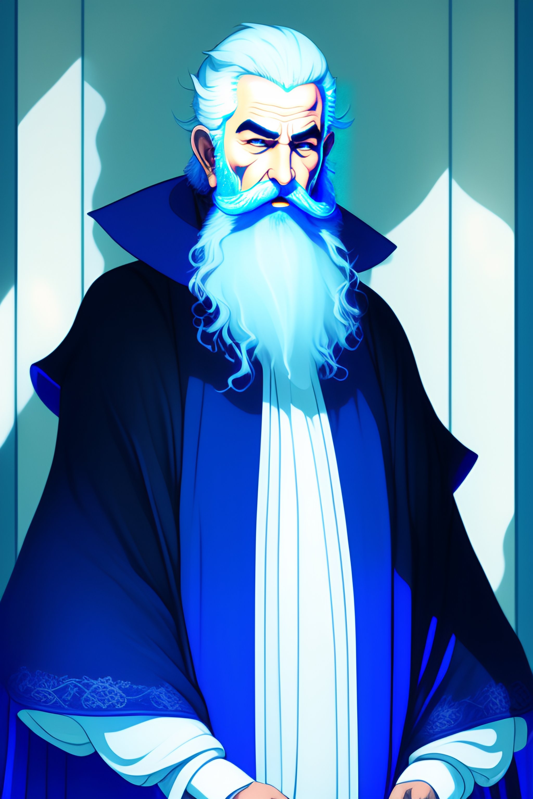 Lexica - Old magician, in a blue and white robe, white hair and beard ...