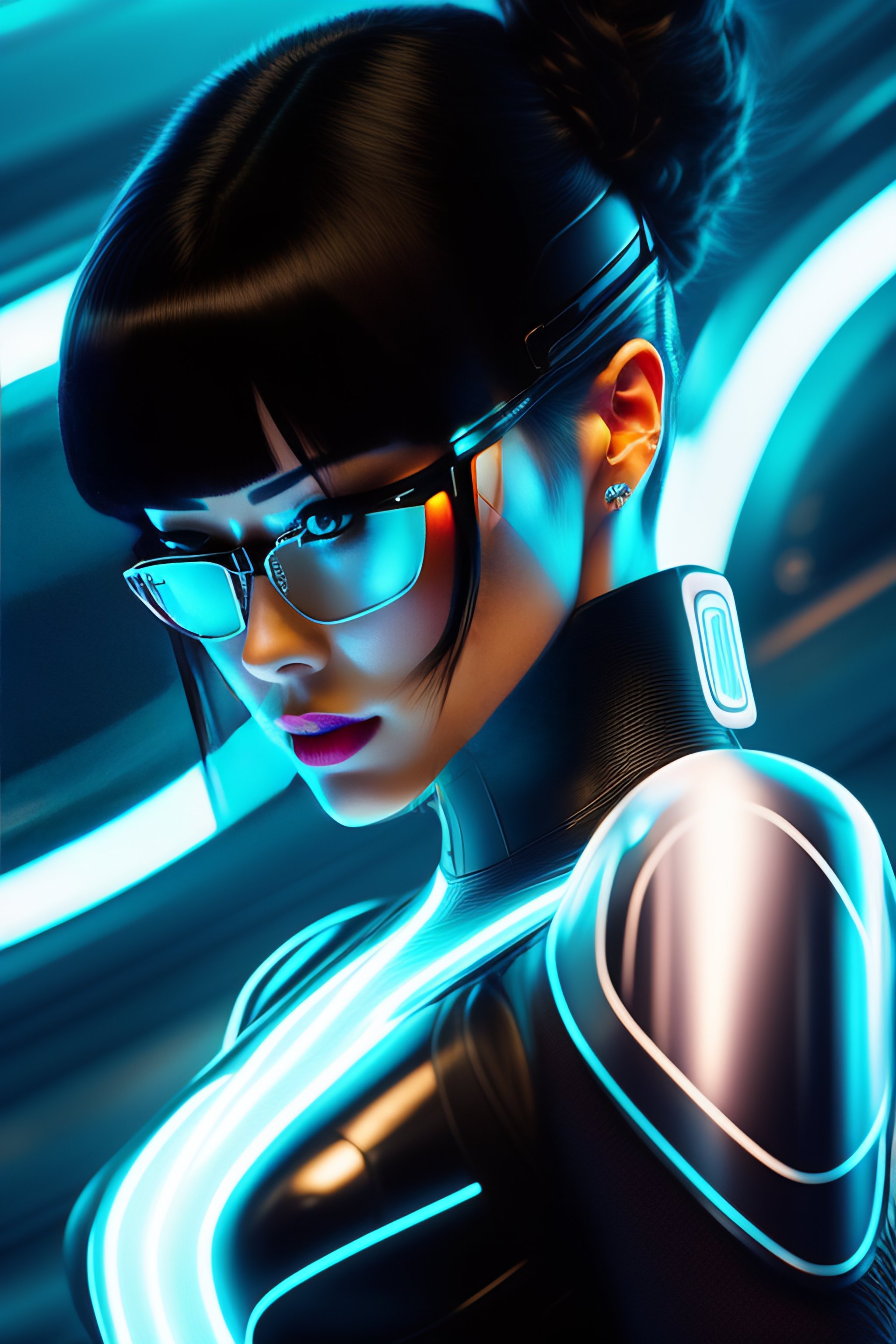 Lexica - Analog style of a beautiful Olivia Wilde, neon futuristic pistol,  short bob fringe hair black hair, tron legacy style, full body,  futuristic..., image size:2048x3072