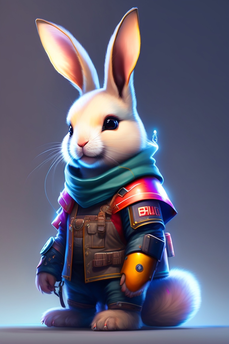 Lexica - A rabbit, cyberpunk, cute, with cloths, full body in a hero ...