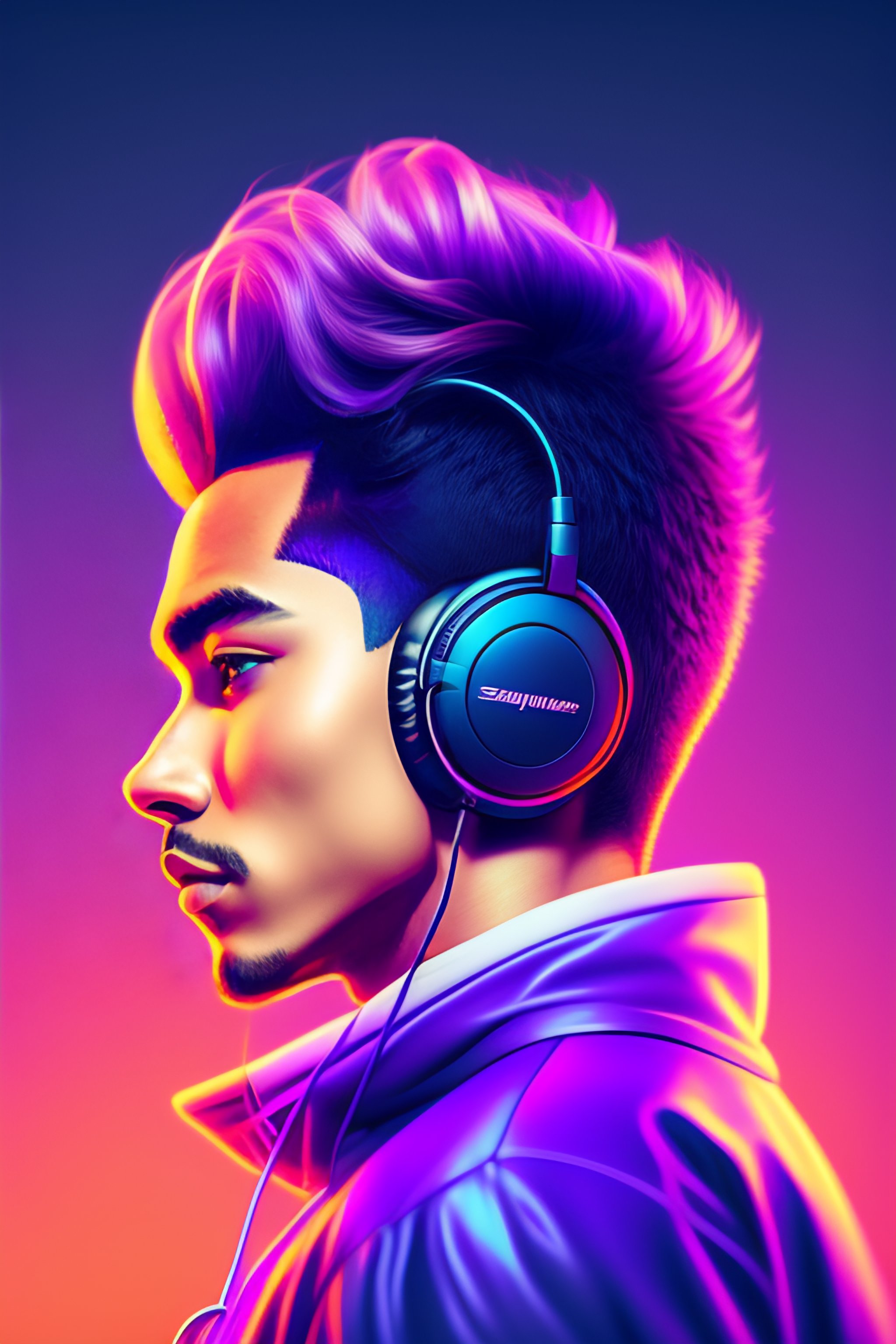 Lexica Logo, synthwave Beautiful boy wearing headphones, animated