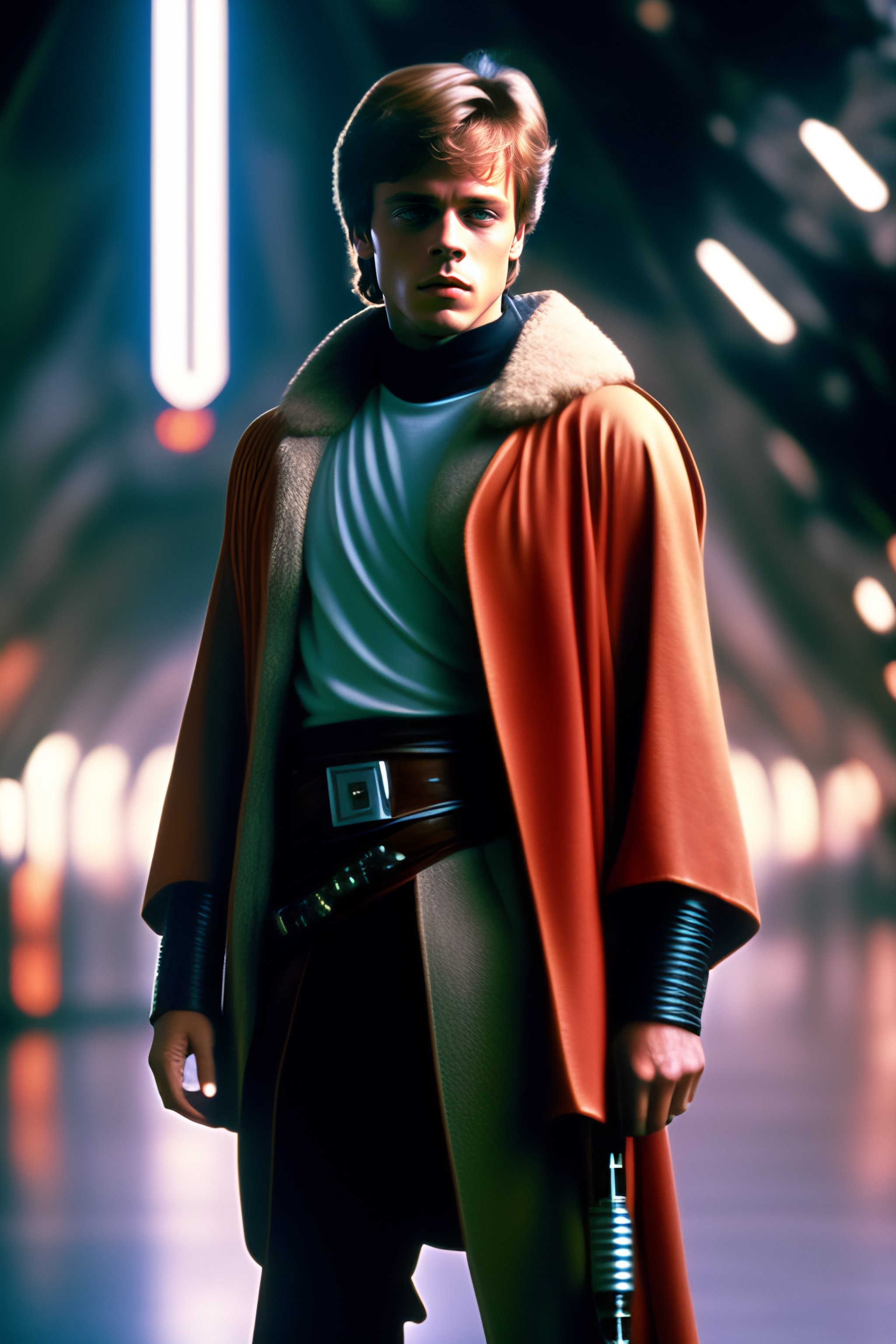 Lexica - Young Mark Hamill as Luke Skywalker like a dark jedi with a red  lightsaber, tattoed, cyberpunk slum in space, light summer clothes,  cyberpu