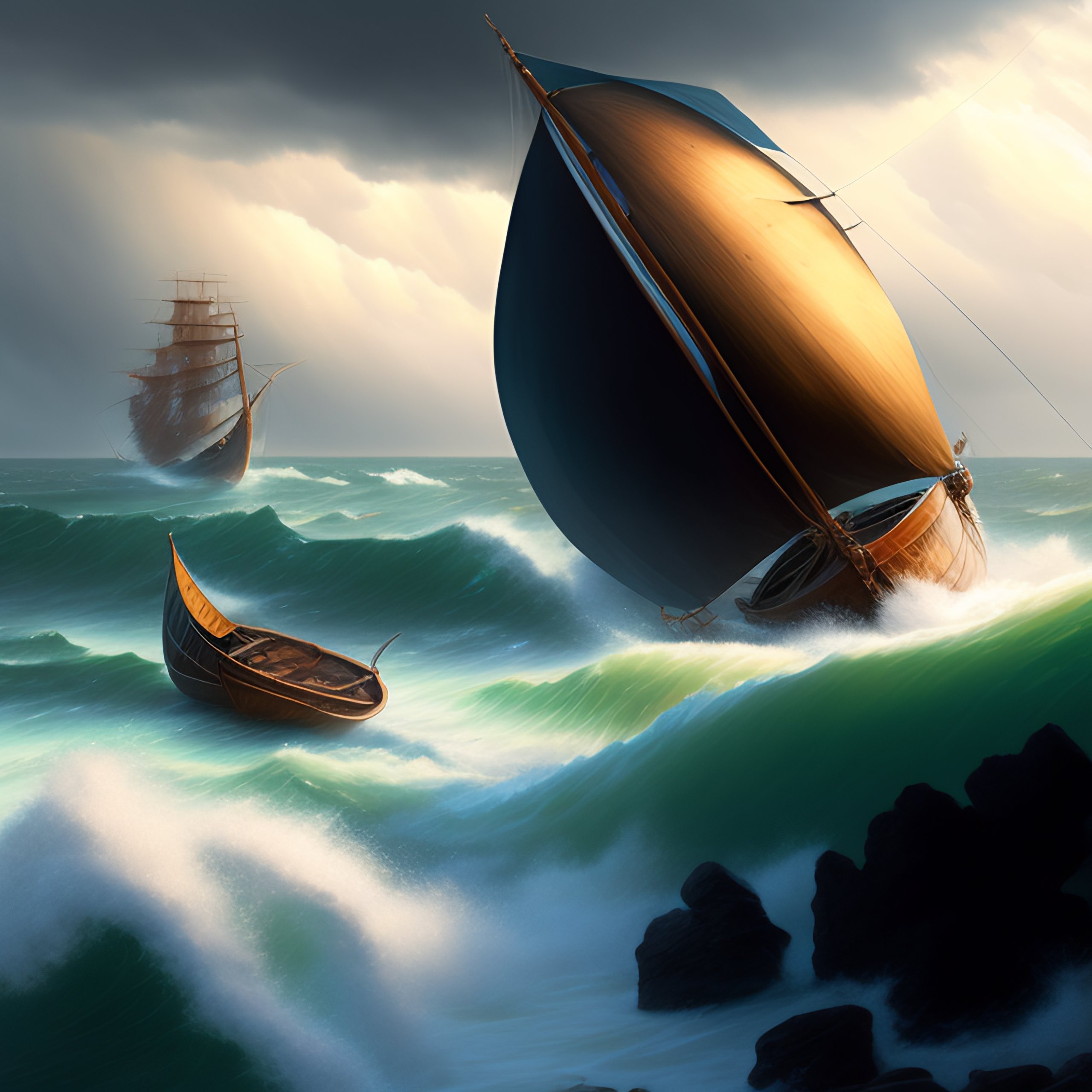 Lexica - Broken old boat in big storm, by justin gerard and greg rutkowski